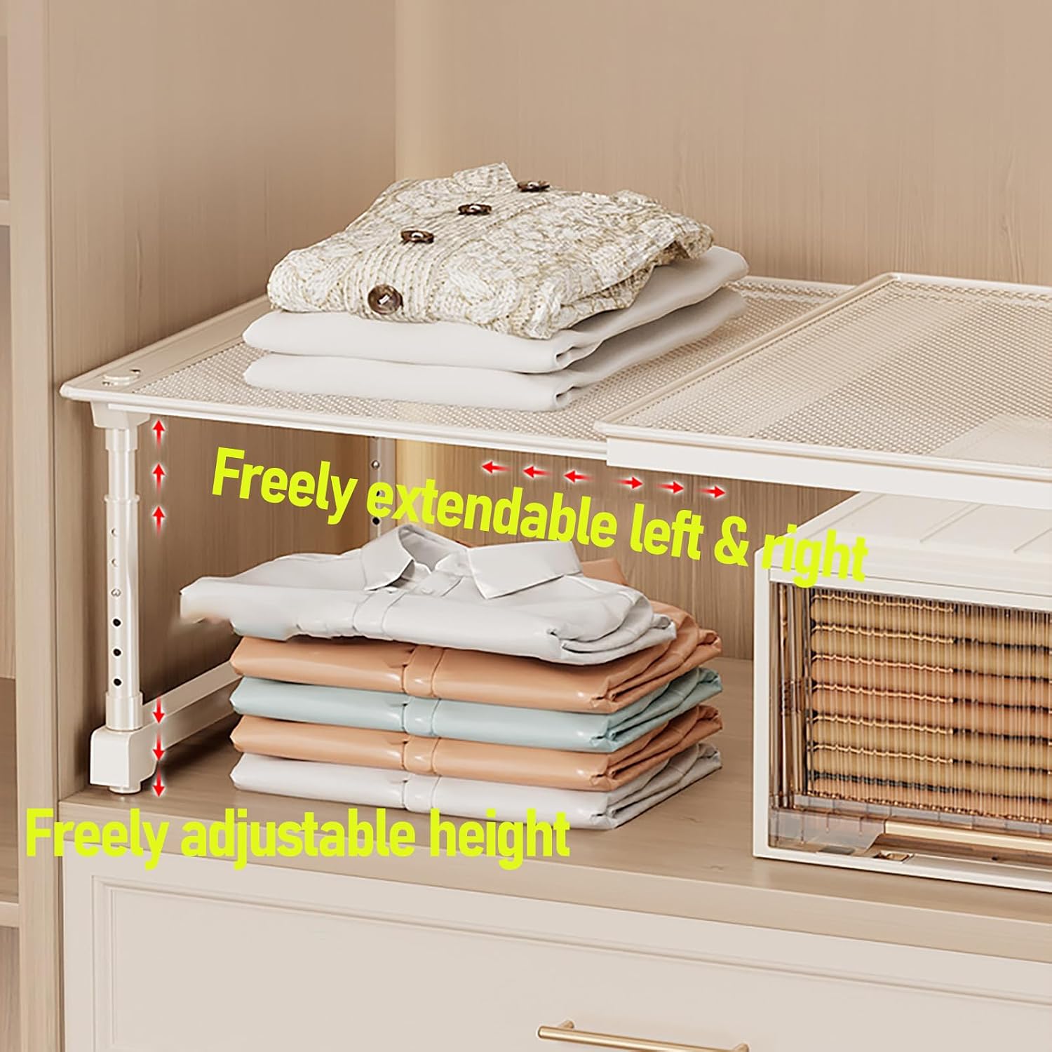 Expandable Closet Shelf Organizer, White, Metal Mesh, Adjustable Height, Wardrobe Storage Rack (1Pcs)