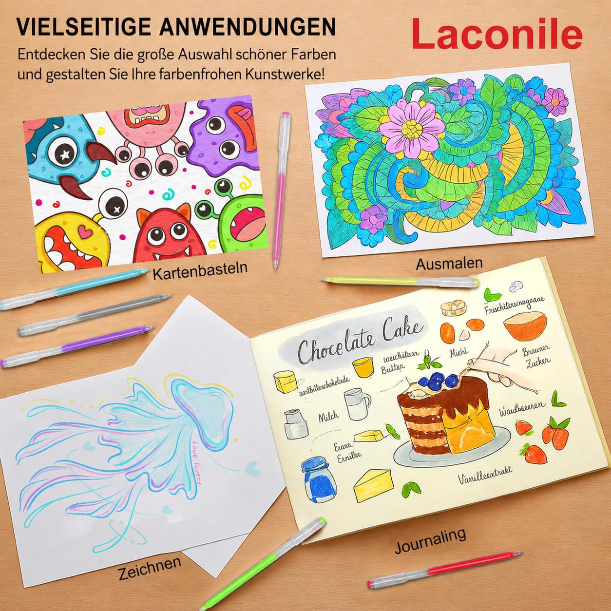 Laconile 168 Gelstifte Set für Erwachsene, 162 Farben Gelschreiber für Malbücher Journaling und Zeichnen, Morandi Pastell und Metallic Farben inklusive, Premium Kreativ Geschenkset