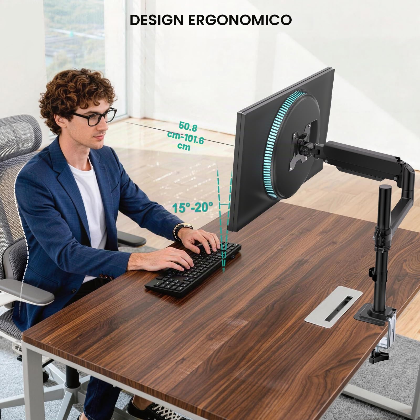 WALI Braccio singolo per monitor da 13 a 32 pollici, supporto regolabile per monitor con molla a gas, supporto per monitor del computer con rotazione inclinabile, morsetto a C e base con occhiello,