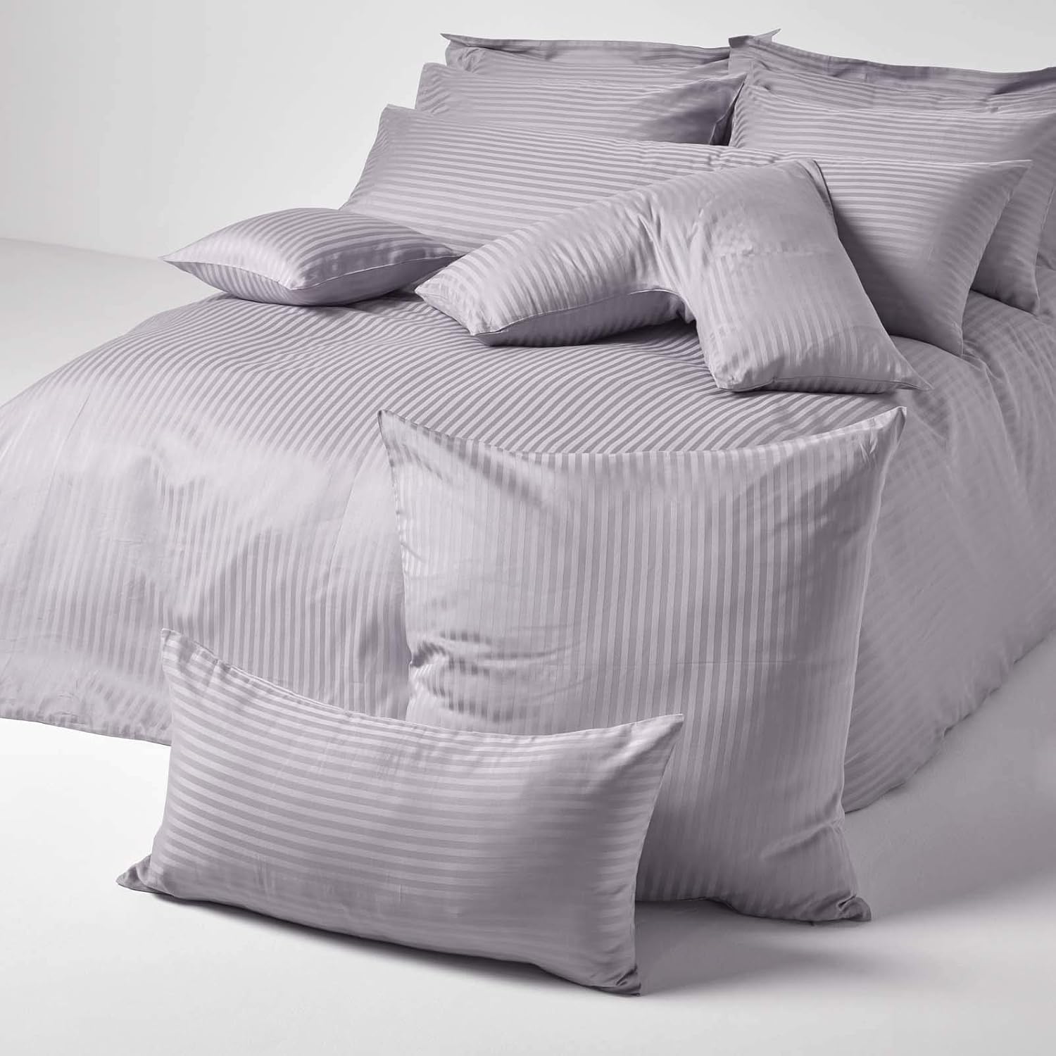 HOMESCAPES Grey Pure Egyptian Cotton Euro Size Pillowcase 40 x 80 cm 330 TC 500 Thread Count Percale Equivalent Satin Stripe Pillow Case with Zip - Image 5