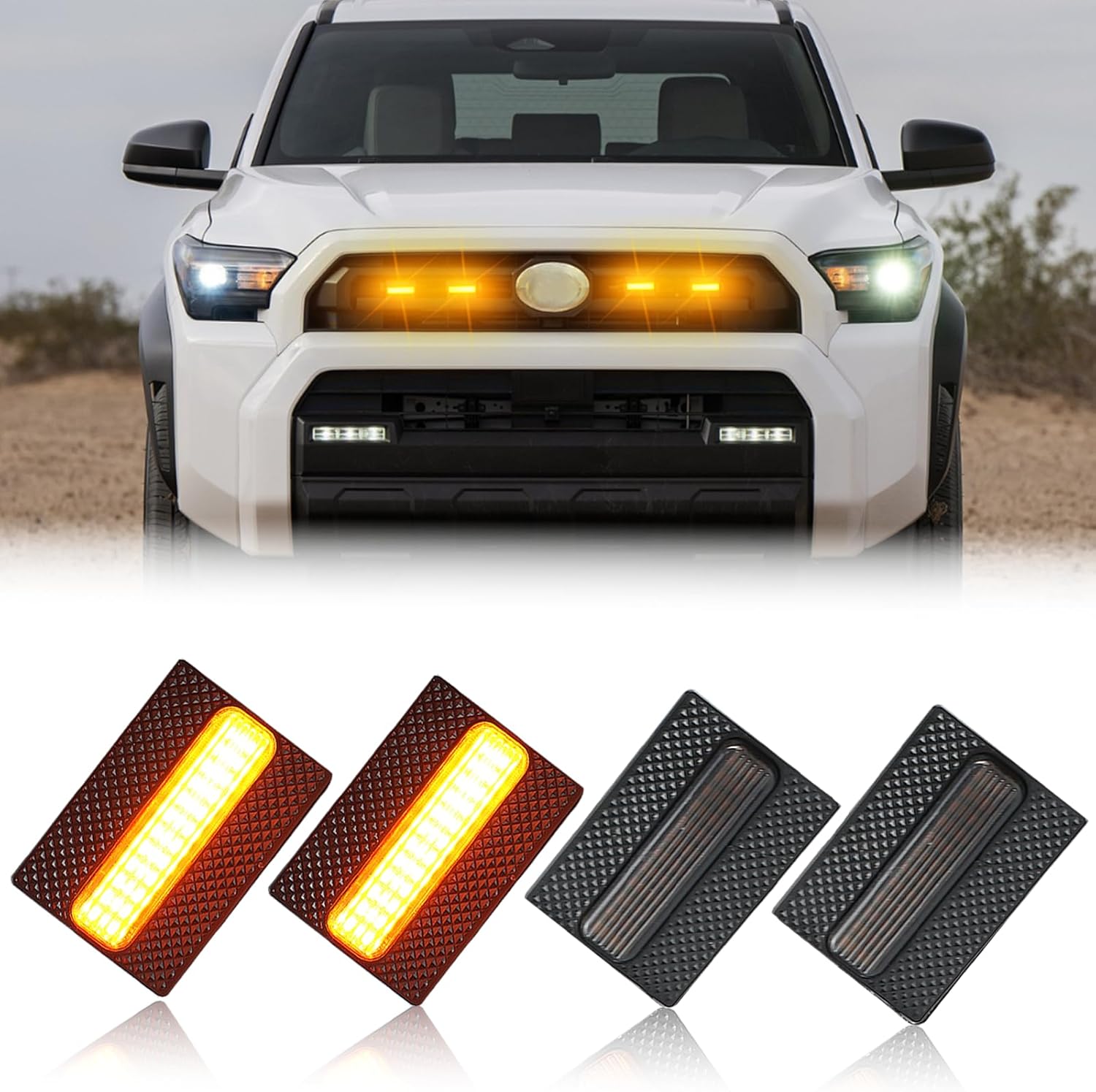 4pc Smoked Housing Amber LED Front Centra Grille Lights DRL Feature Kit for Toyota 4runner 2025 SR5,OEM Grill Led Grill Light For 4Runner Accessories（Only for SR5）（YELLOW）
