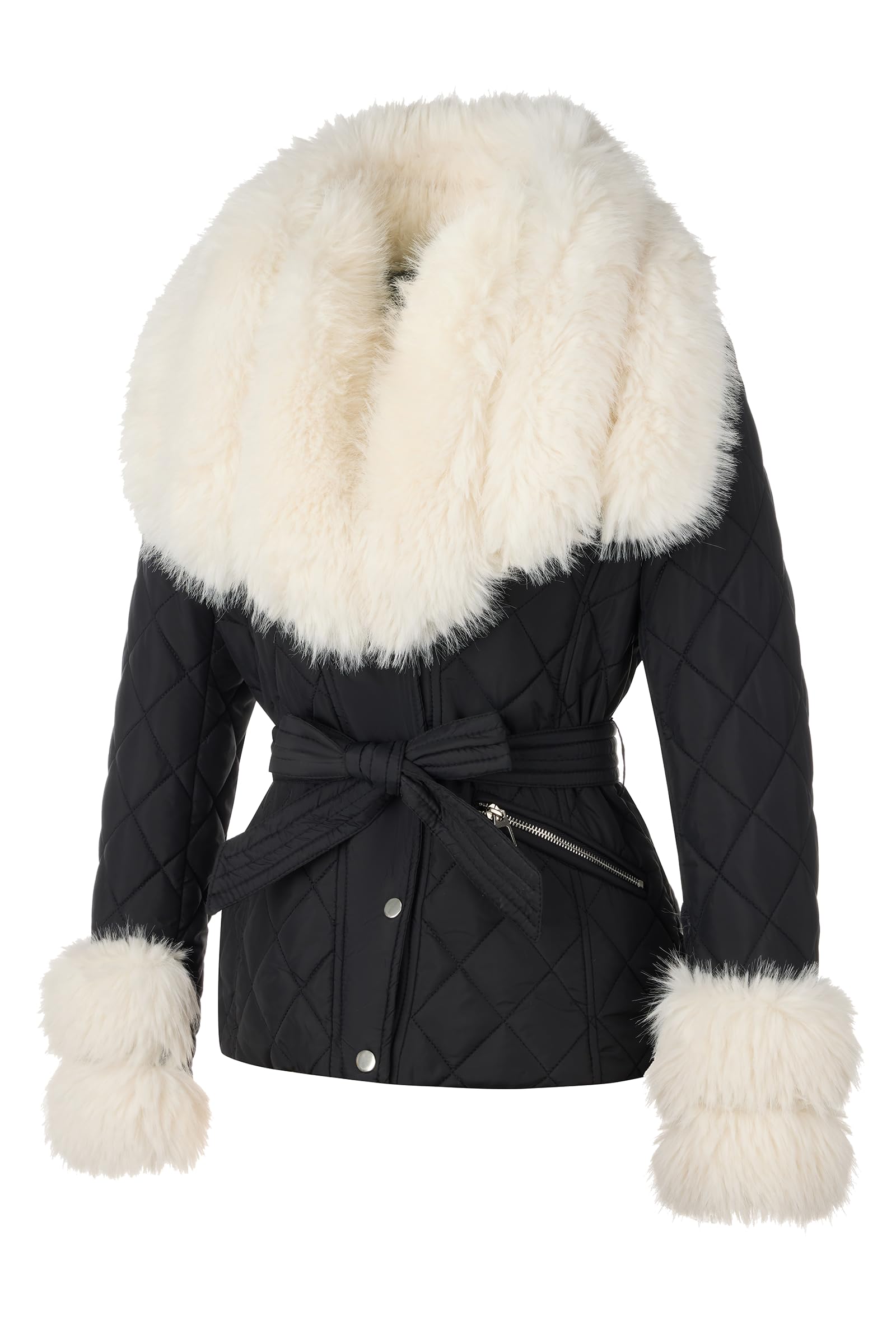 Bellivera Women Faux Leather Suede Jacket Moto Biker Coat Sherpa-Lined Overcoat with Removable Belt: White Removable Fur Collar X-Large
