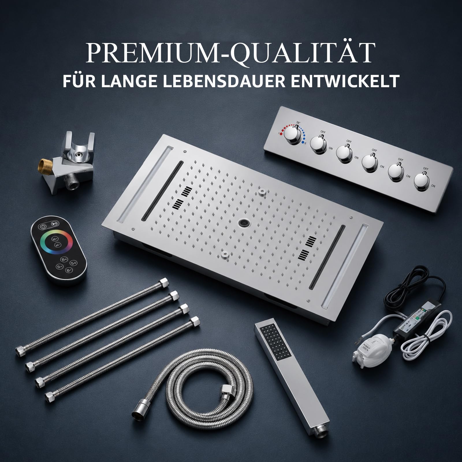 Musik Duschgarnitur mit Regendusche ohne Armatur Duschsystem Mit Thermostat 64 Farben LED Duschgarnitur aus Messing, 638x338mm 5 Modi Duschkopf und Handbrause (Chrom)