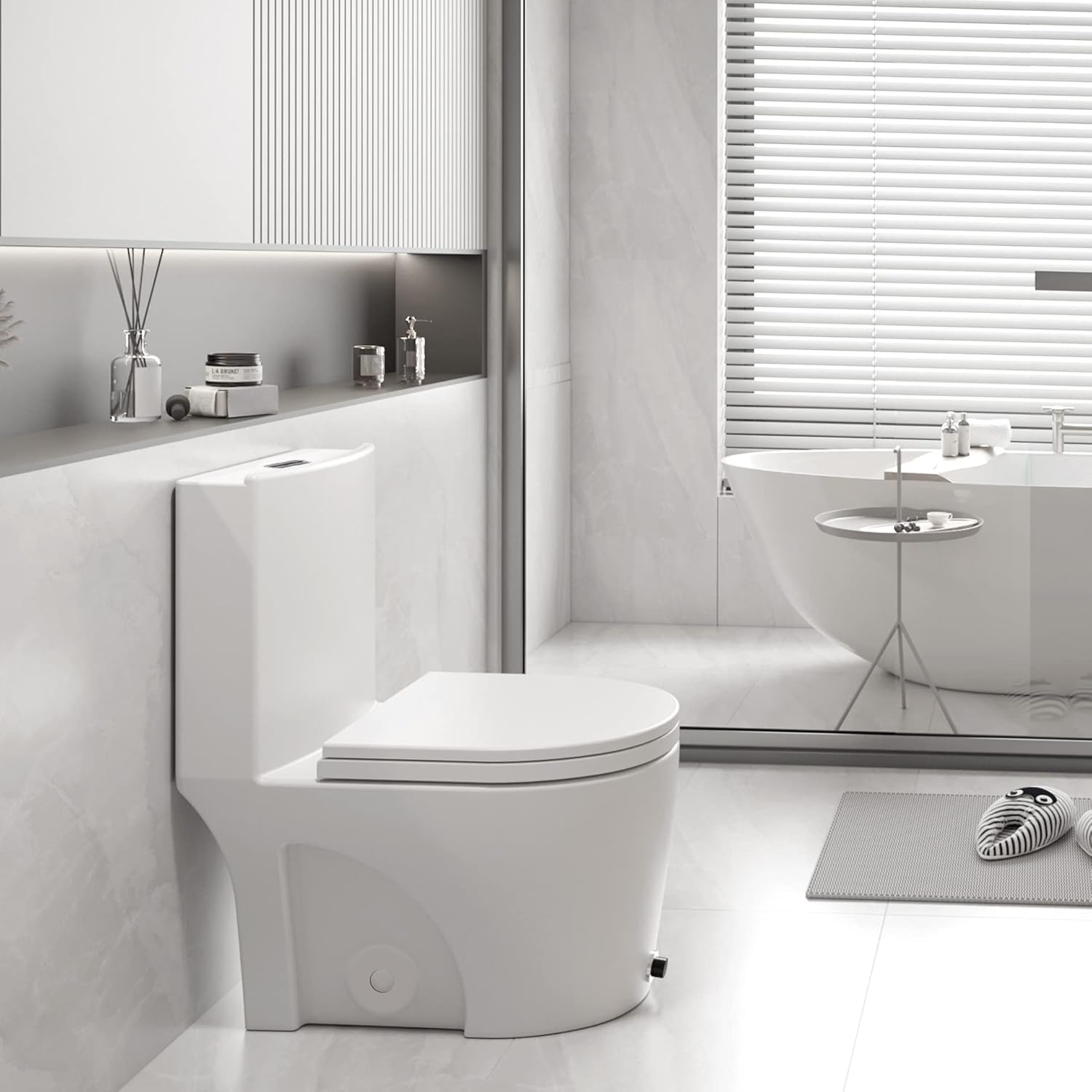 HNON Glazed surface Kick to Flush One Piece Toilet with Dual Flush & Soft Closing Seat 360°whirlpool flushing Glossy White - - 