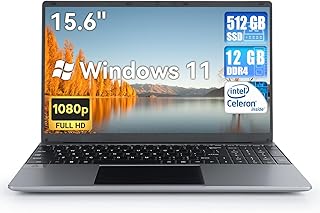 15.6" Laptop Computer, Intel Celeron N5095 Processors,12GB RAM, 512GB SSD, 1080P Display, USB 3.0, Bluetooth 4.2, 38000mWh Battery, Windows 11 Laptops Computer for Student and Business