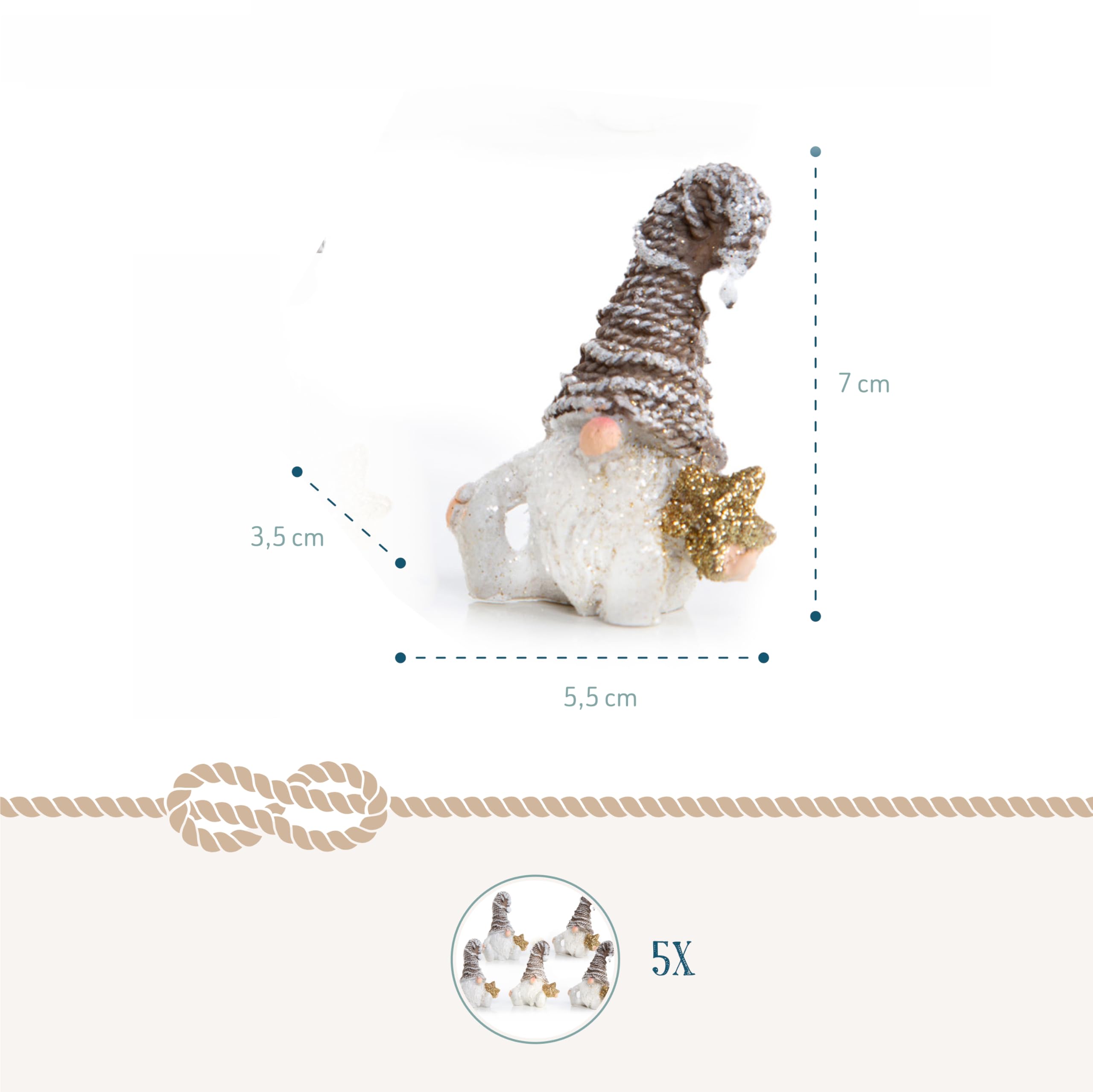 10 Figurines Lutins De Noël Blanc Et Marron - 7 Cm, étoile Dorée, Décoration Table Ou Petit Cadeau