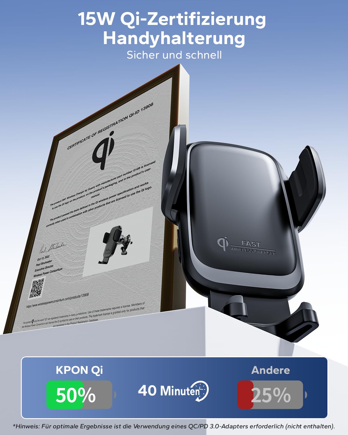 KPON 15W Qi Handyhalterung Auto mit Ladefunktion, Induktive Ladestation Auto mit Sauger & Clip, Automatische Klemmung Kfz Wireless Charger für iPhone 17/16/15/14/13, Samsung (Ohne Zigarettenanzünder)