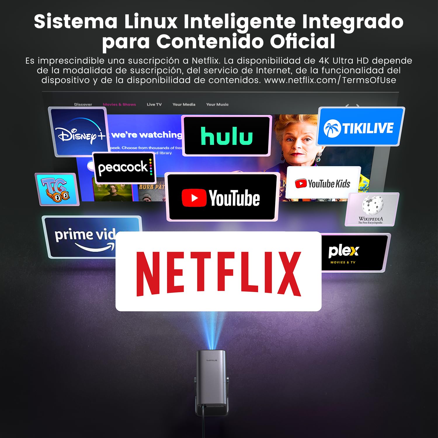 Smart Proyector Portátil 4K con APP/Dolby/Auto Focus&Keystone, Proyector WiFi Bluetooth 1080P Nativo Full HD, Proyectores Compatible con Netflix, Zoom al 50%, Giratorio 360° para Móvil/PC/Cine en Casa