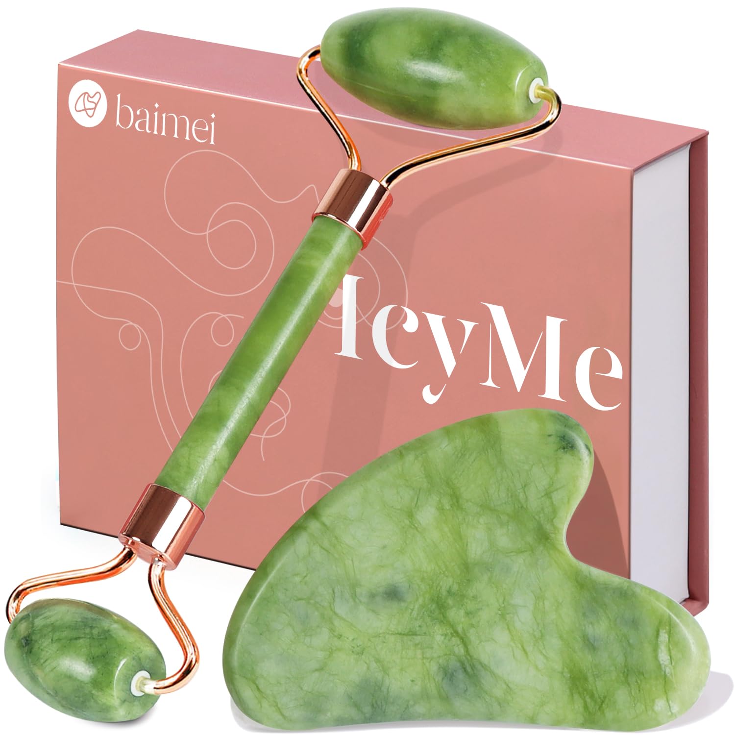 BAIMEI Gua Sha y Rodillo De Jade Tool, Masajeador Facial y De Cuello, Gua Sha Alivia, Calma y Relaja la Piel, regalos de san valentin