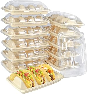 使い捨てタコスホルダー 12個パック 蓋12枚付き タコスプレート 仕切り3枚付き 頑丈で耐油性 タコストレーホルダー 使い捨てパルプファイバープレート タコバーサービングセット パーティー タコス火曜日 タコスバー用 (12)