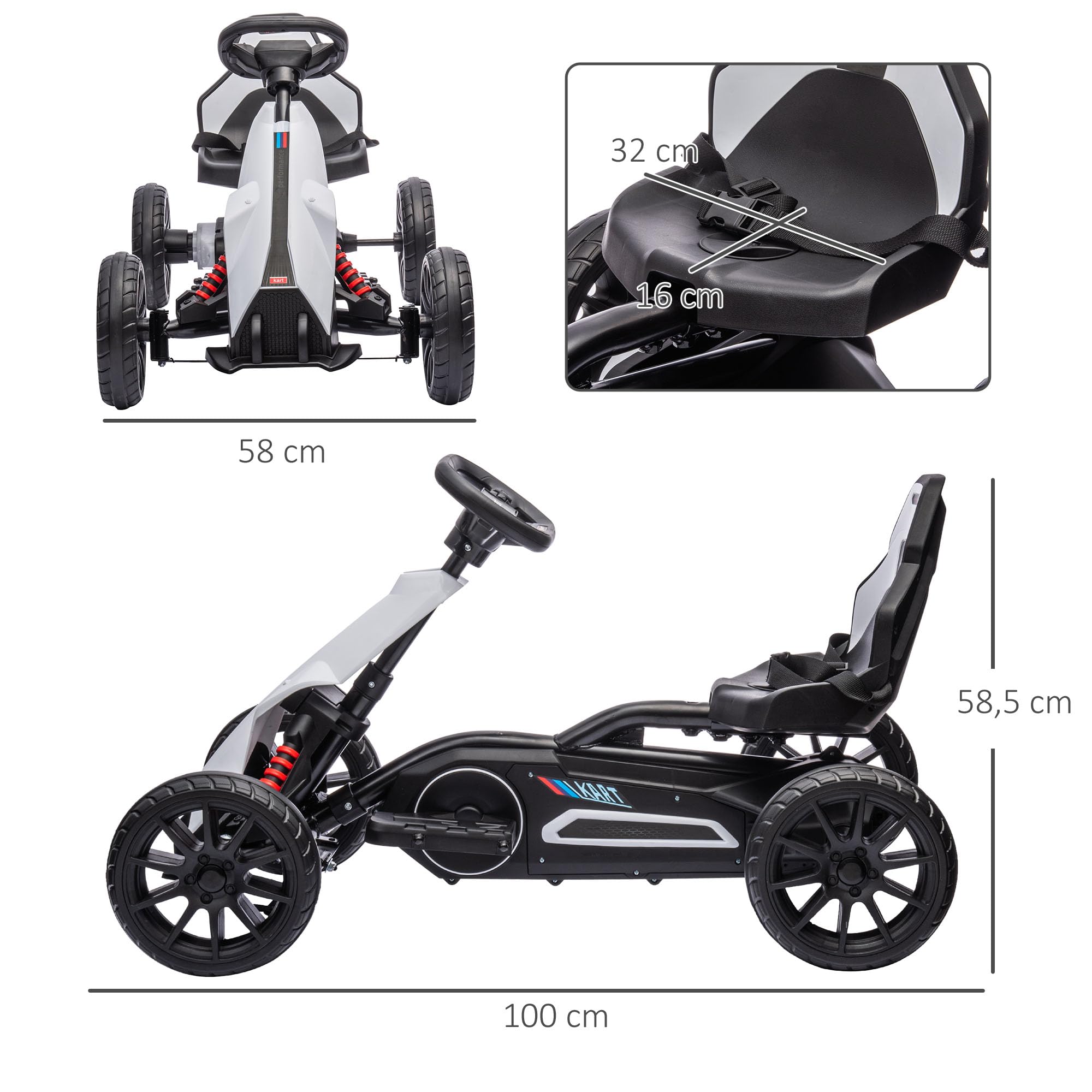 HOMCOM Kinder Elektro Gokart 12 V 3-5km/h Go Kart für 3-8 Jahre, Weiß | 2-Fach Verstellbarer Modus, Sicherheitsgurt, Lenkrad, Kinderfahrzeug
