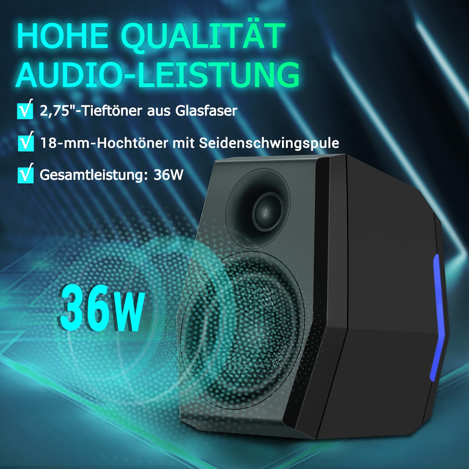 Sanyun SW209 Gaming Lautsprecher 2.0 36 W, Taktisches Audio, 3 DSP-Modi