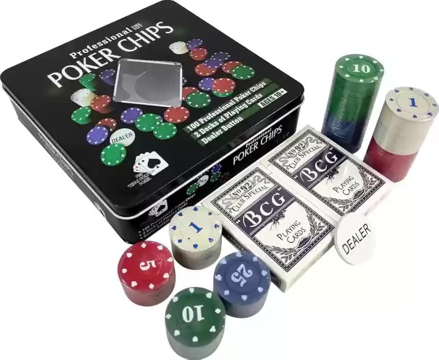 100pcs Professional Poker Chips Set with Dealer Button and 2 Decks of Playing Cards and Tin Storage Box Set, This Poker Chips Casino Set is Perfect for Gifts, Family Games, Birthday Parties