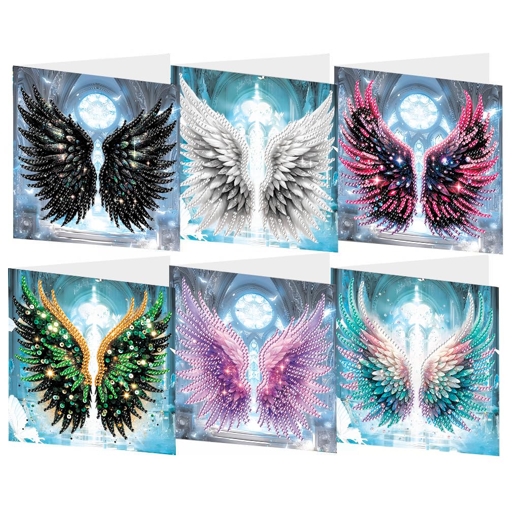LOTUSHU Diamond Art Card Kit - Angel and Devil Wings Rhinestone Greeting Cards for Birthday/Anniversary, 15 x 30 cm, 6 Cards (HU-31)