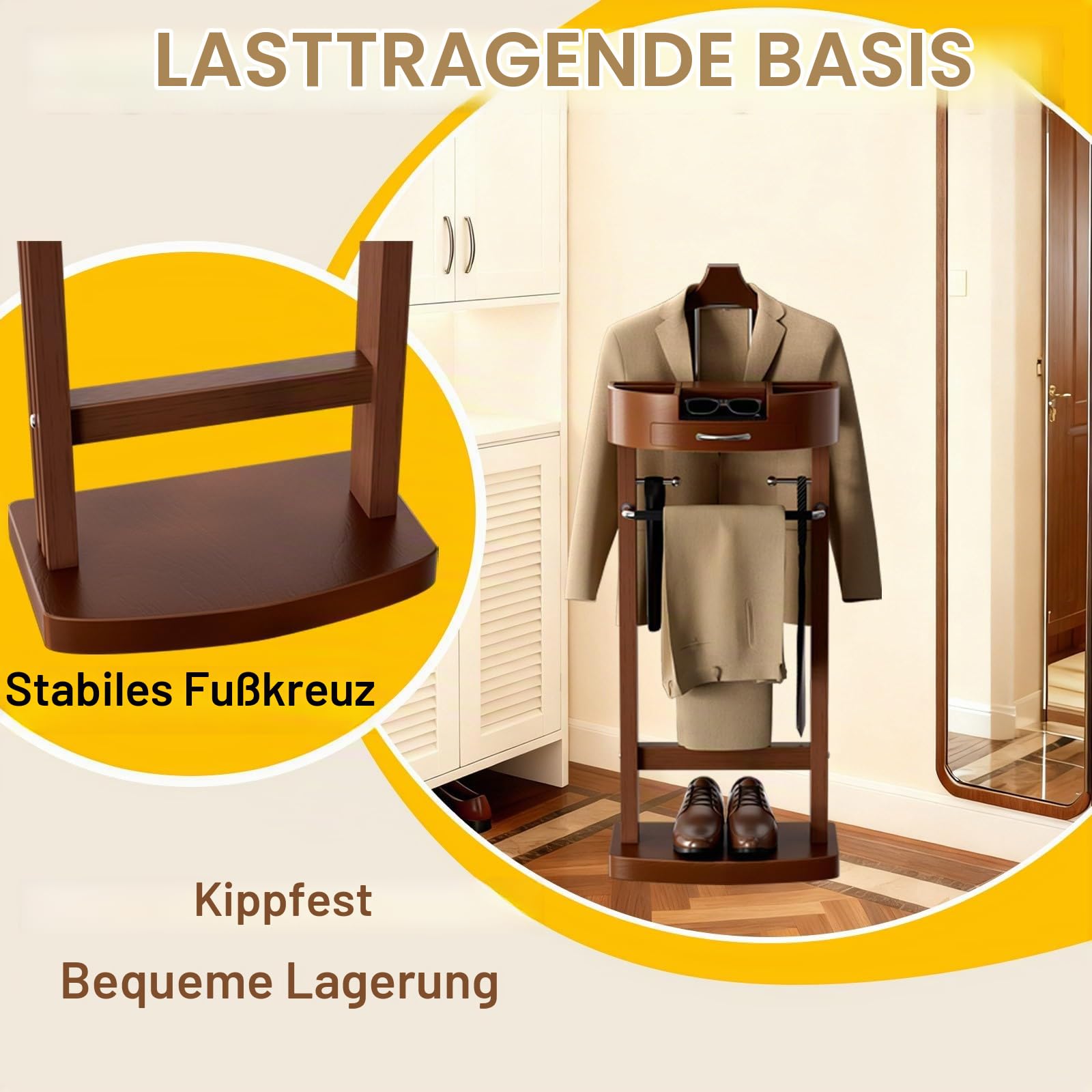 Wood Herrendiener für Herren, Stummer Diener Modern mit Schublade und Ablage, Bodenstehender Kleiderständer, Klamotten Ständer für Schlafzimmer, Eingangsbereich, Flur