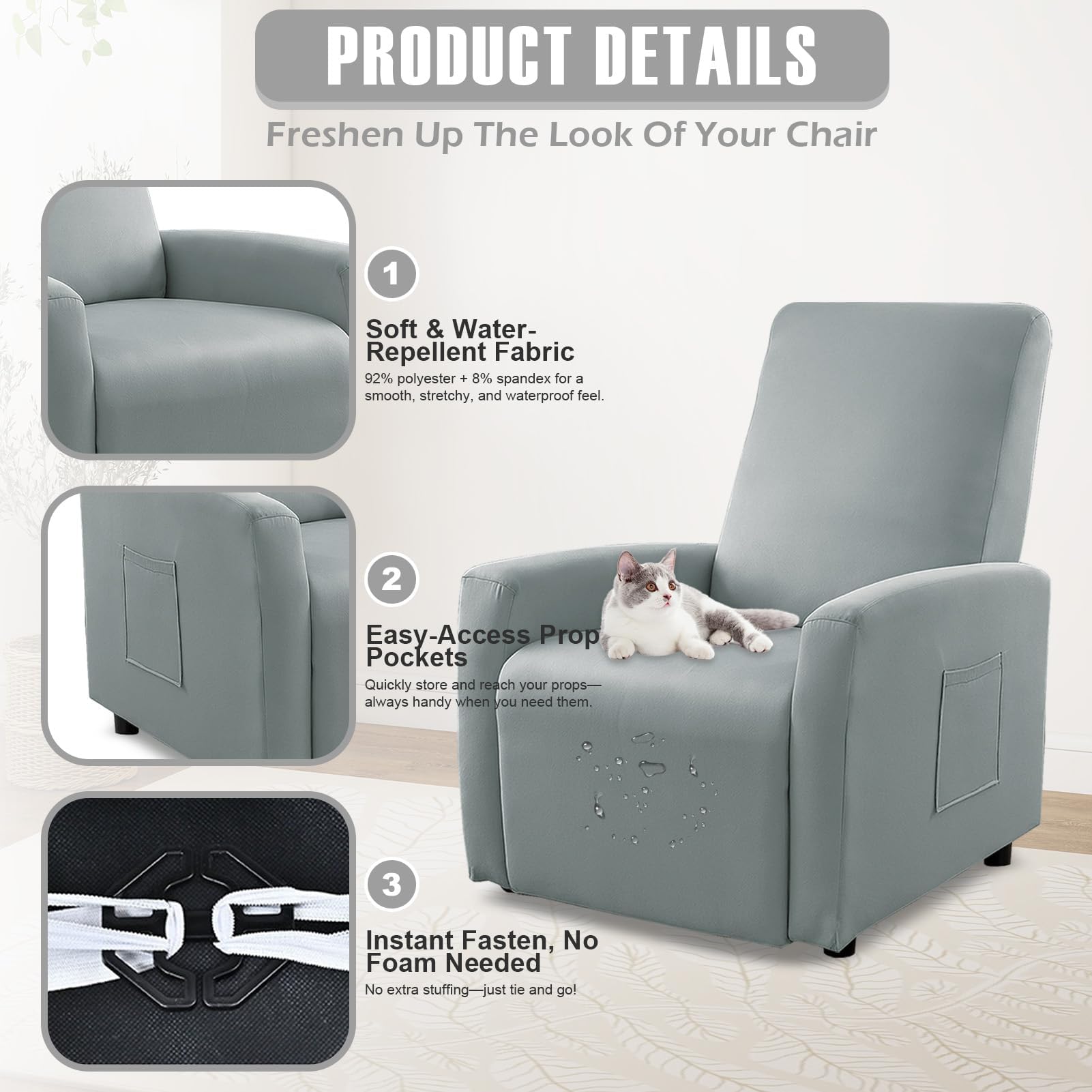 Bocguy Copripoltrona Relax Reclinabile, Copripoltrona 1 Post Poltrone Relax Elettriche, Copridivano Impermeabile. Rivestimento Elasticizzato con Tasche, Rivestimento per Poltrona (Light Gray)