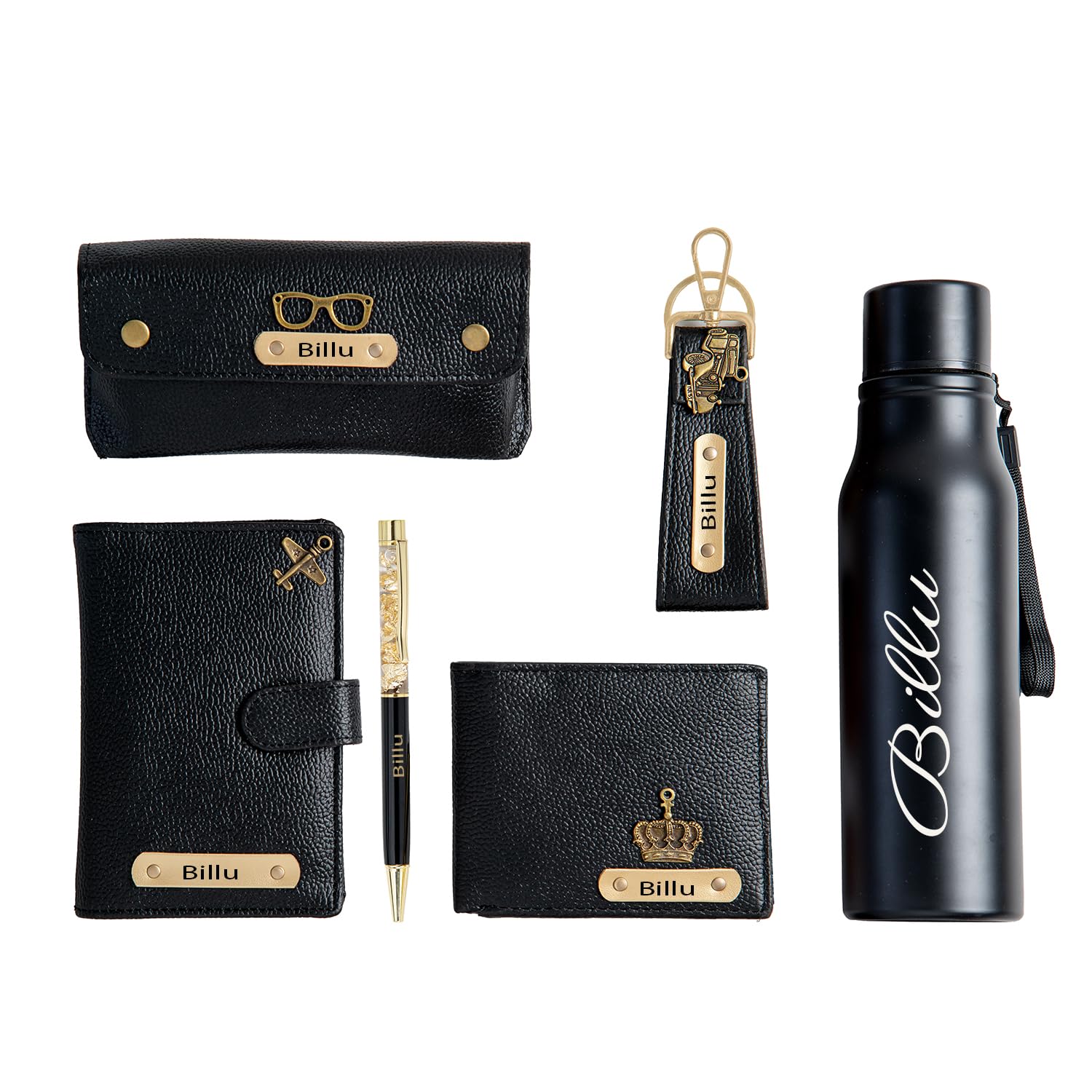 Tanvi Crafts Your Name Customized 5 in 1 Engraved 1 LED Flask Bottle, Passport Cover with Wallet, Eye Wear Case, and Keychain Metal Pen Combo - Men's Combo Accessories, Personalised Gifts (Black)-image-1
