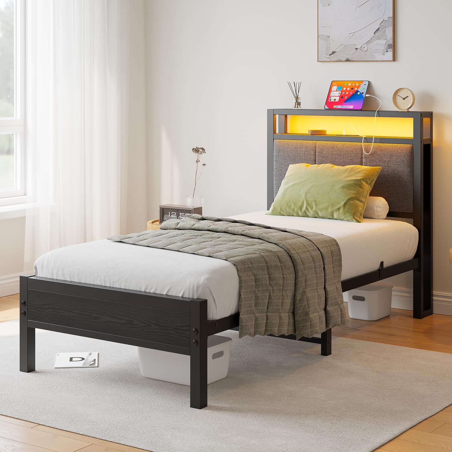 FOUBAM 3FT Single Bed Frame with LED Lights and Charging Station, Heavy Duty Metal Bed with Storage Fabric Headboard,Solid and Stable, Metal Slats Support,Mattress Foundation (Black) — image 1