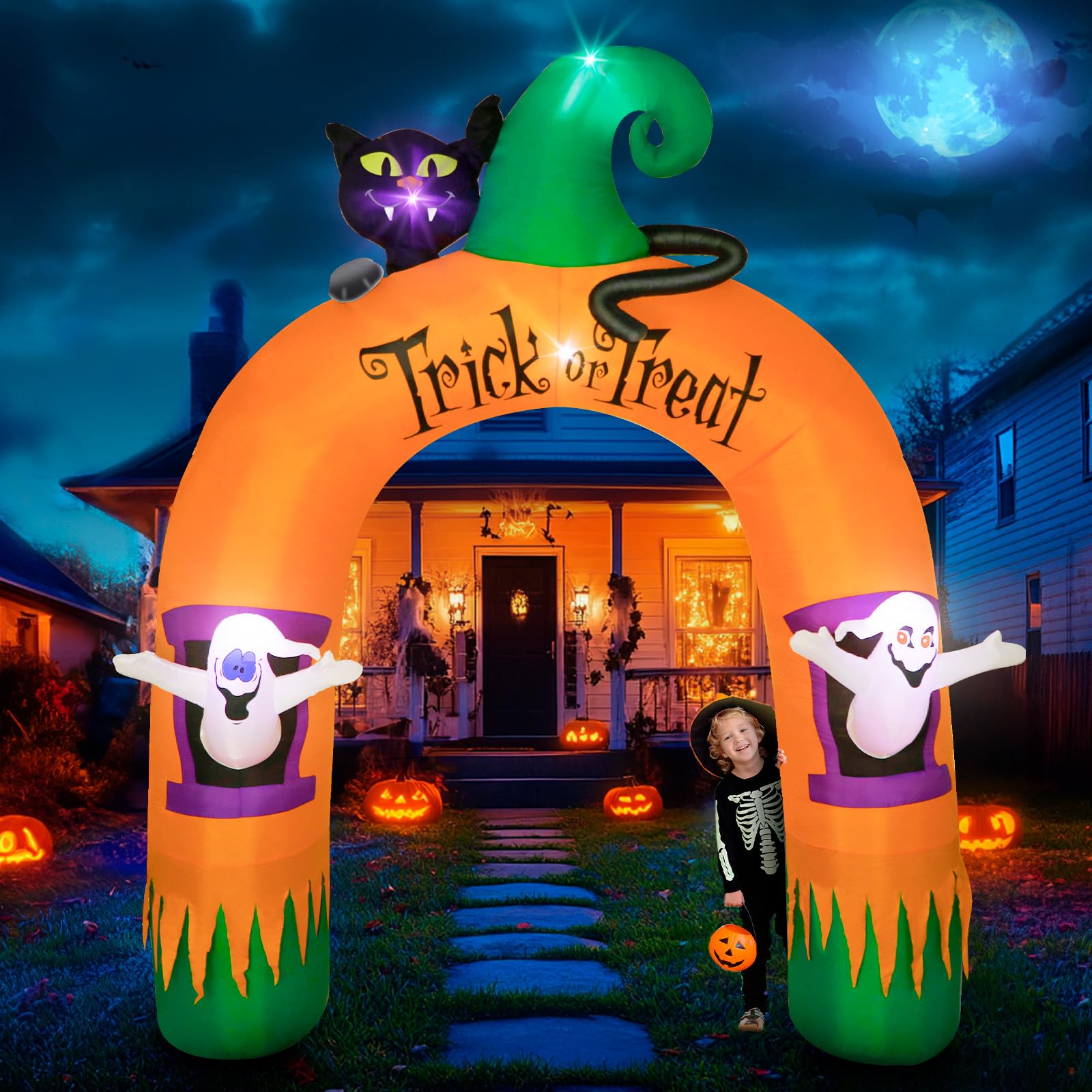 Wothfav 305 cm Aufblasbarer Halloween-Torbogen mit LEDs, Geist & schwarzer Katze
