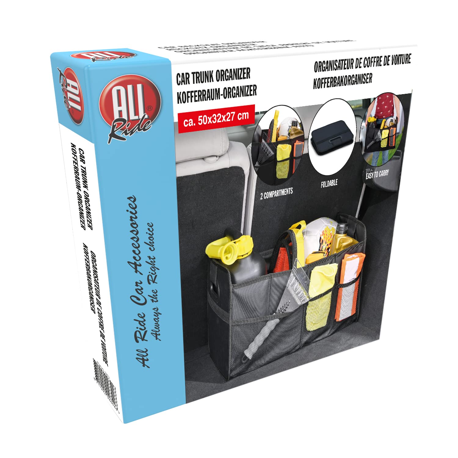 All Ride Organizator bagażnika samochodowego - Organizator przestrzeni bagażowej - 50 x 32 x 27 CM - Torba na bagażnik - 2 Duże komory i wkłady - Organizacja akcesoriów samochodowych- Czarny