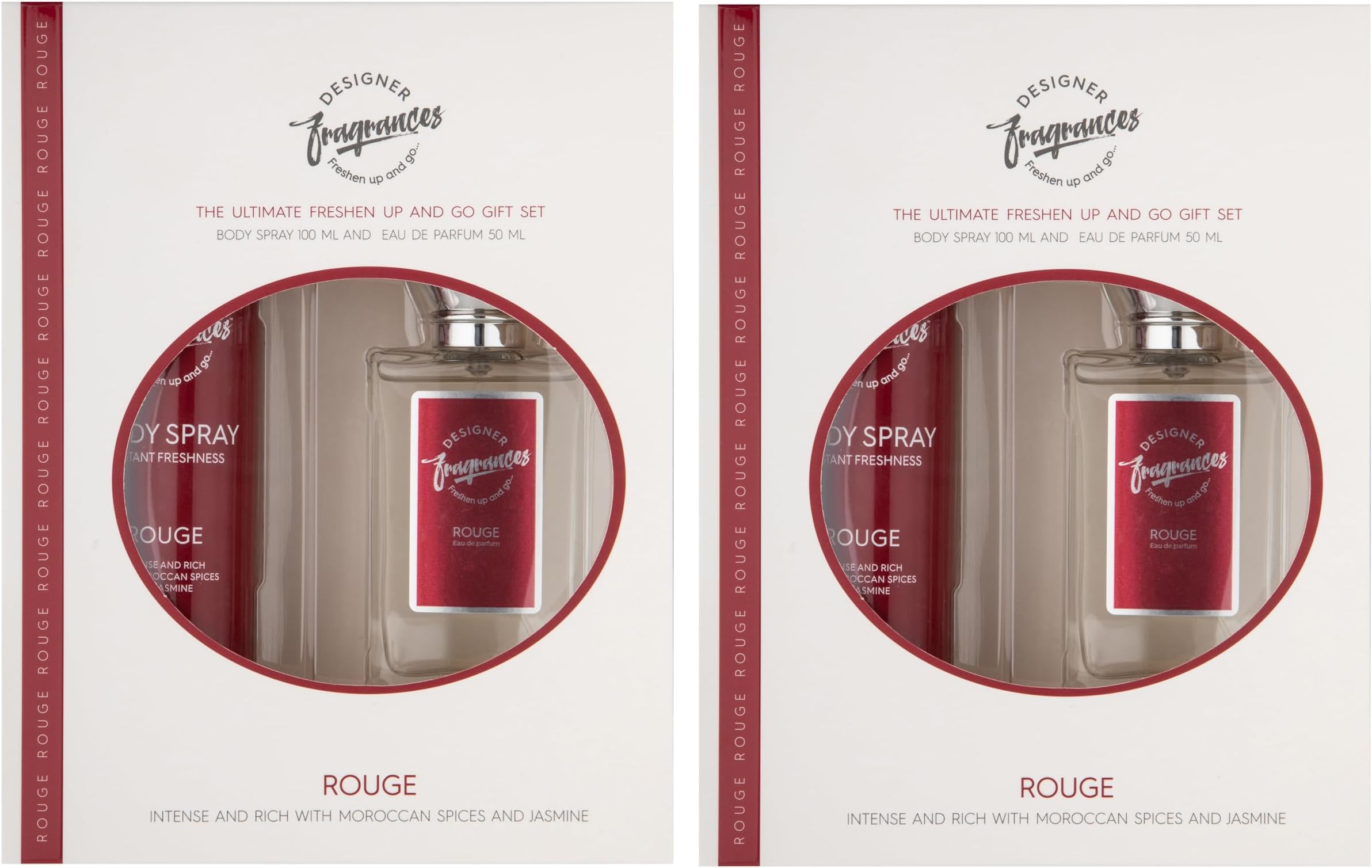 Designer Fragrances Rouge Female Twin Gift Set - Includes 2 x 100ml Body Spray Deodorant Cans, 2 x 50ml Women’s Eau De Parfum Sprays - For Instant Freshness on The Go - Long Lasting Smells
