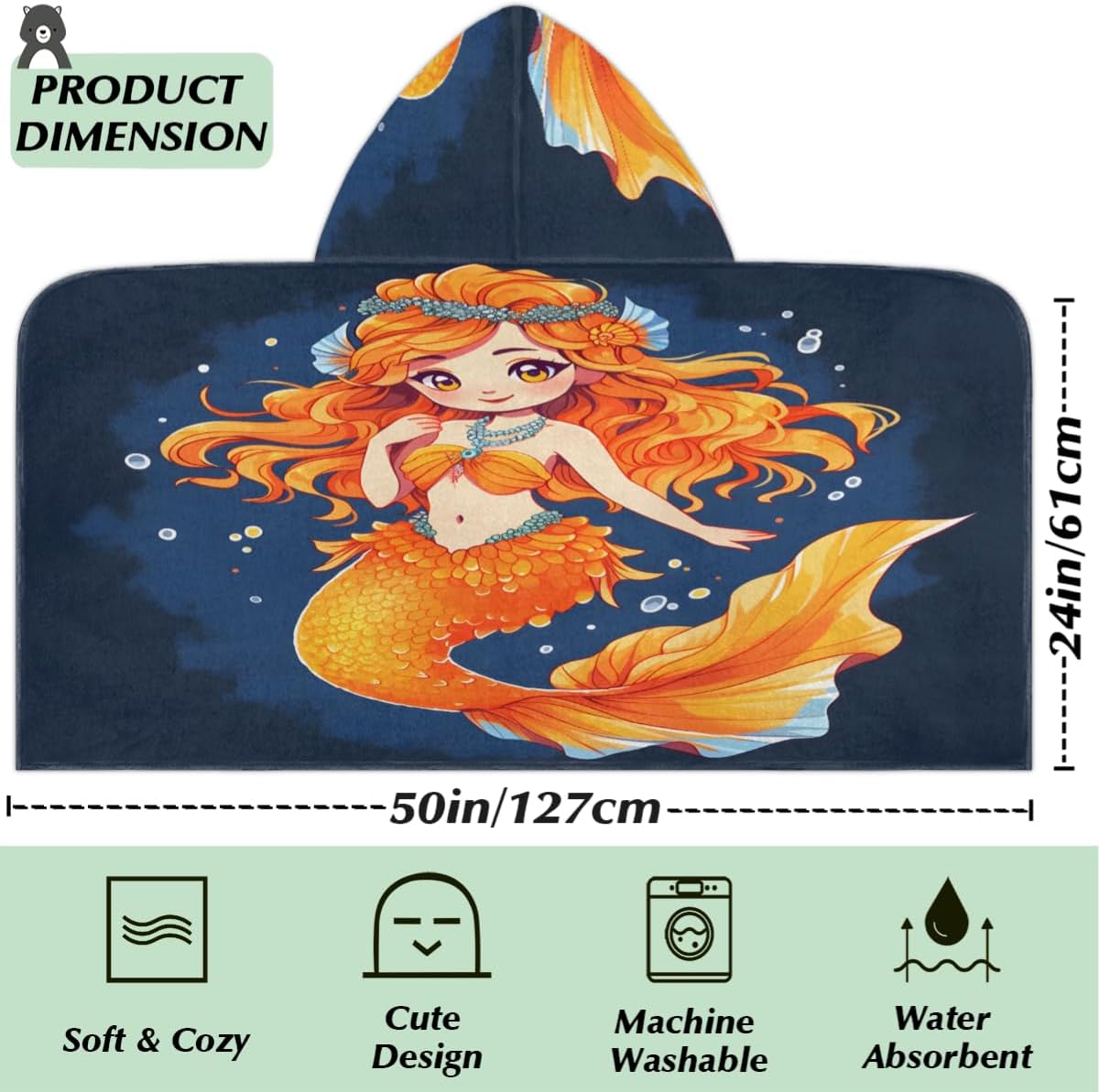 Pardick Kids Bath Towel Cute Mermaid Beach Towel with Hood Pool Cover Up for Girls Boys Soft Absorbent Hooded Bath Towel Toddler Towels for Beach, Pool