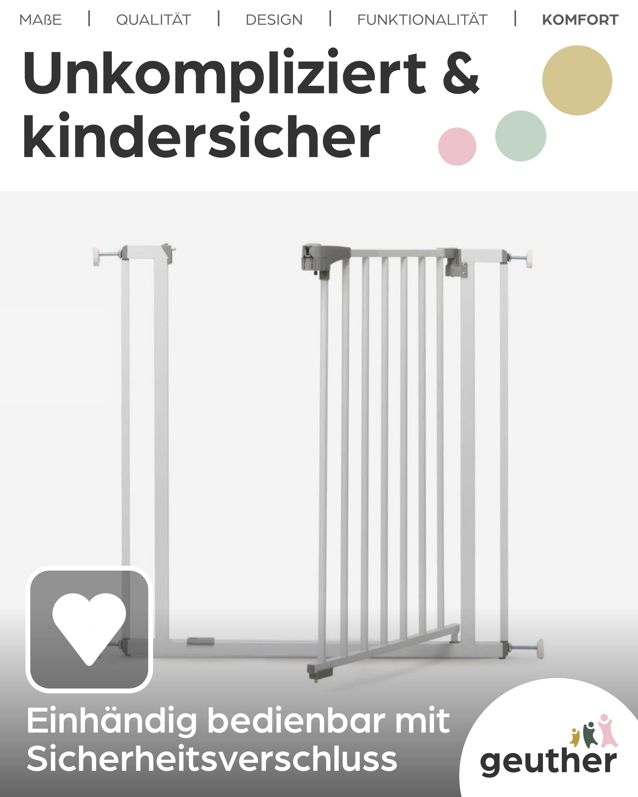 Geuther Türschutzgitter Yanis, 73–81,5 cm Weiß I Treppenschutzgitter ohne Bohren in Metall I Stabiles Babygitter I Sicheres Kinderschutzgitter, Hundegitter Wohnung & Treppengitter zum Klemmen