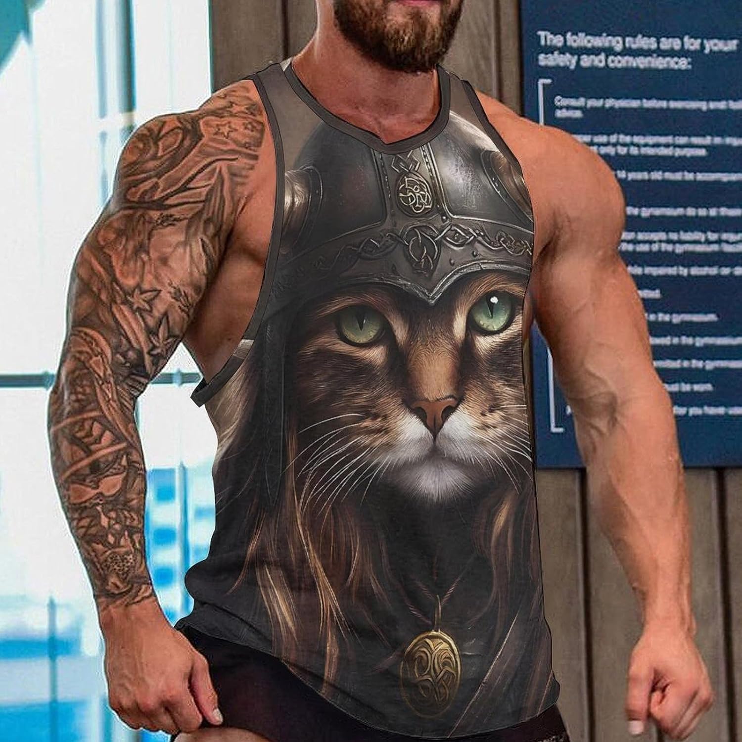 Vikings Cat Men's Tank Tops Sleeveless Muscle Shirts for Men Lightweight Vest Crew Neck T-Shirts