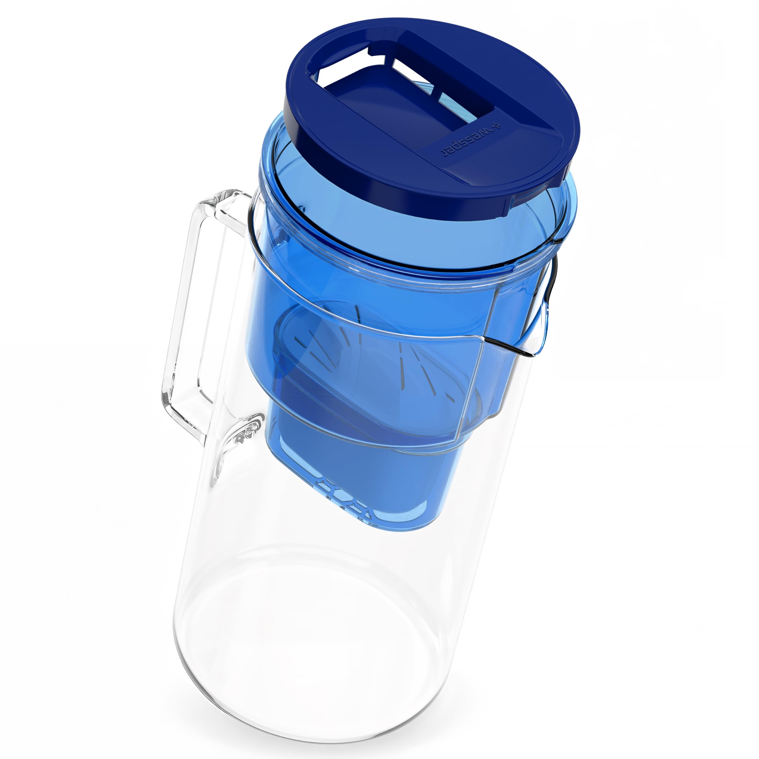 Wessper Jarra filtradora de vidrio con 1 cartucho de filtro 3 Litros | Reemplazo para Dafi Unimax Aquaphor A5 BRITA Maxtra+ PHILIPS AWP212/10 | Reduce la cal, el cloro y los Microplásticos, Azul