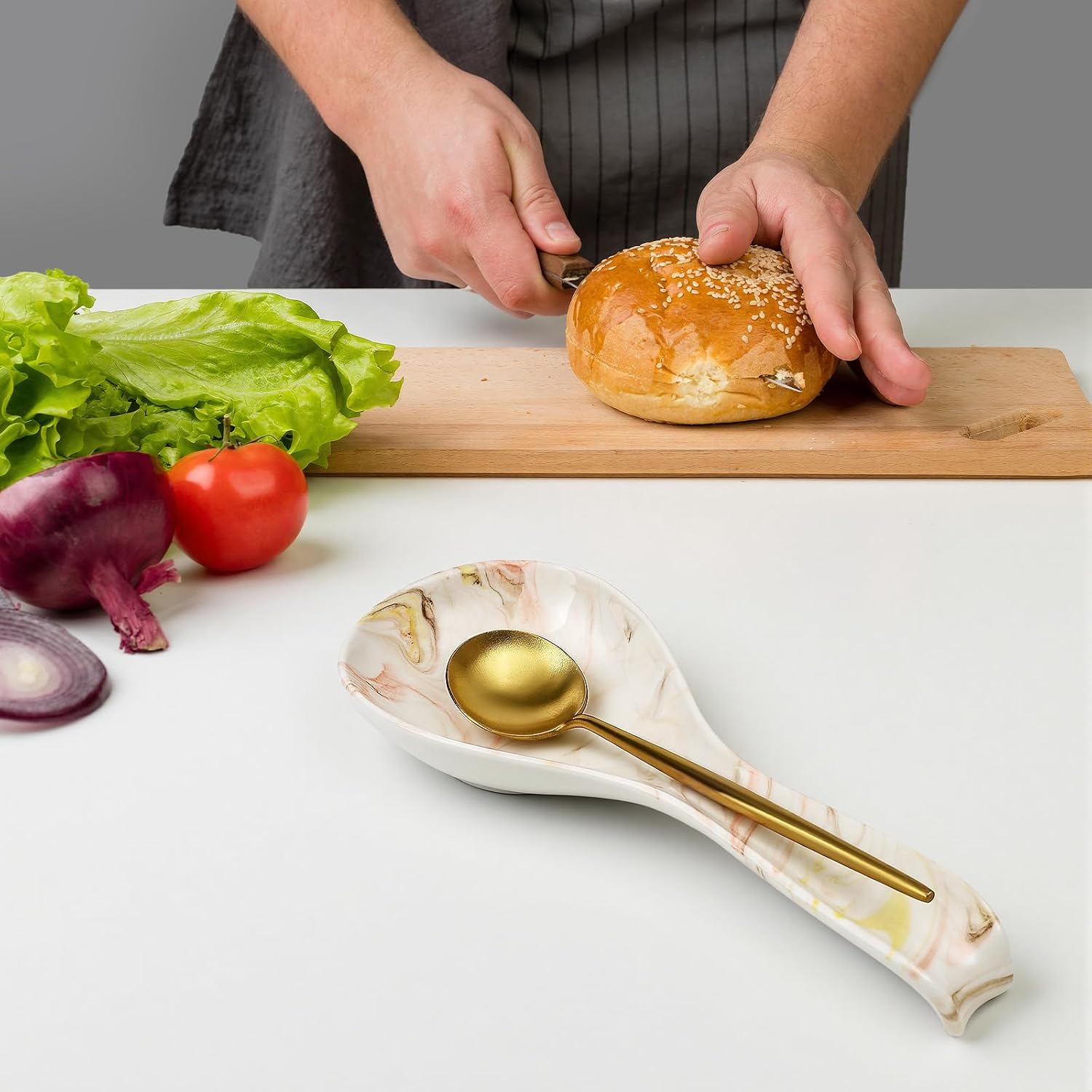 Koythin Brown Marble Ceramic Spoon Rest, Stovetop Farmhouse Utensil Tray