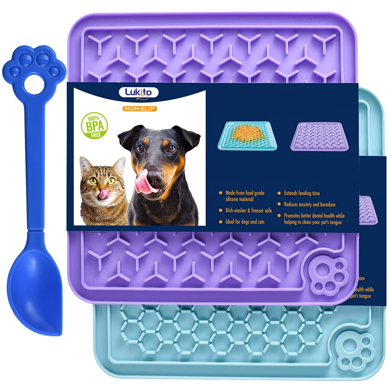 Lick Mat for Dogs & Cats 2 Pack with Pet Food Spoon, Slow Feeder & Non-slip Design, Pet Calming Dog Licking Mat Anxiety Relief Dog Cat Training, Lick Pad Perfect for Food, Yogurt, Peanut Butter