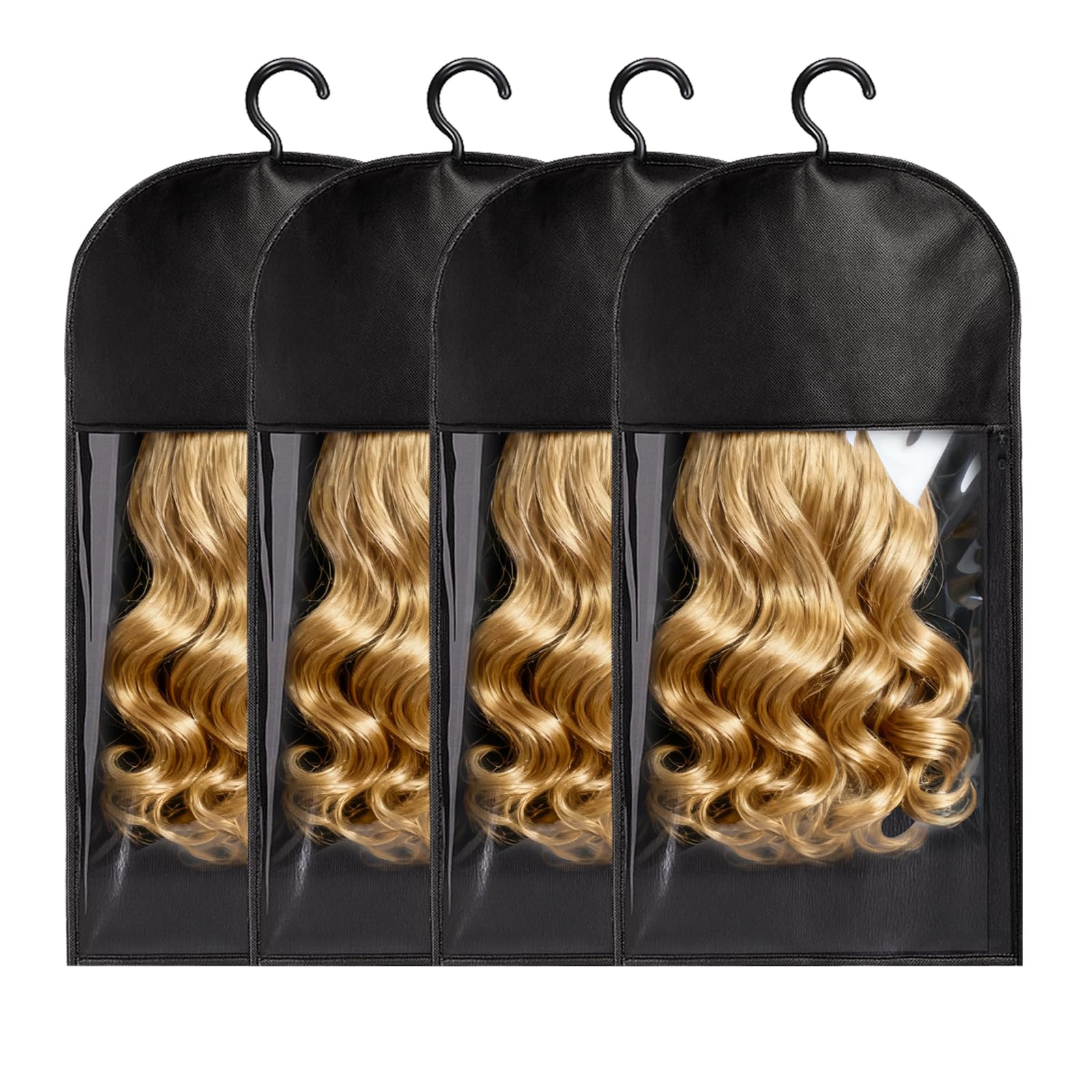 4 Pack Wig Storage Bags with Hanger, 24 Inch, Black