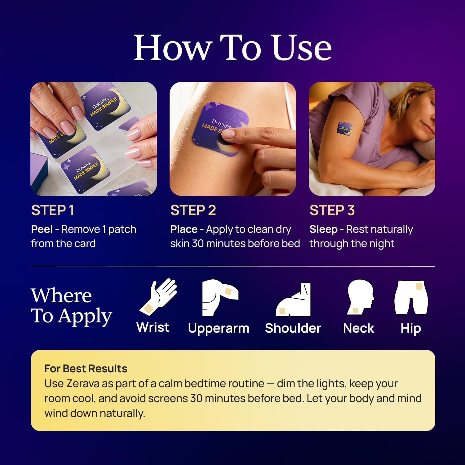 Simple Promise Zerava Sleep Patch for Adults | Bedtime Support for Tired Adults & Busy Parents | Comfort Feel that Holds All Night | 8-Hour Slow Release | Easy On & Off | 28 Patches | Lavender