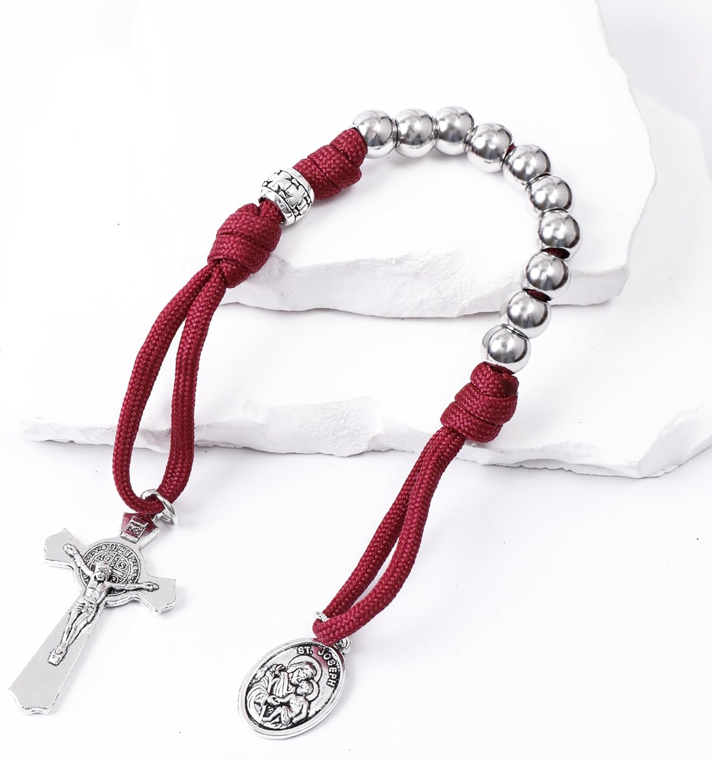 Nazareth Store Strong Military One Decade Paracord Rosary Silver Beads Pocket Car Rosary Pray For Us St. Joseph Medal & St. Benedict Cross - Image 2