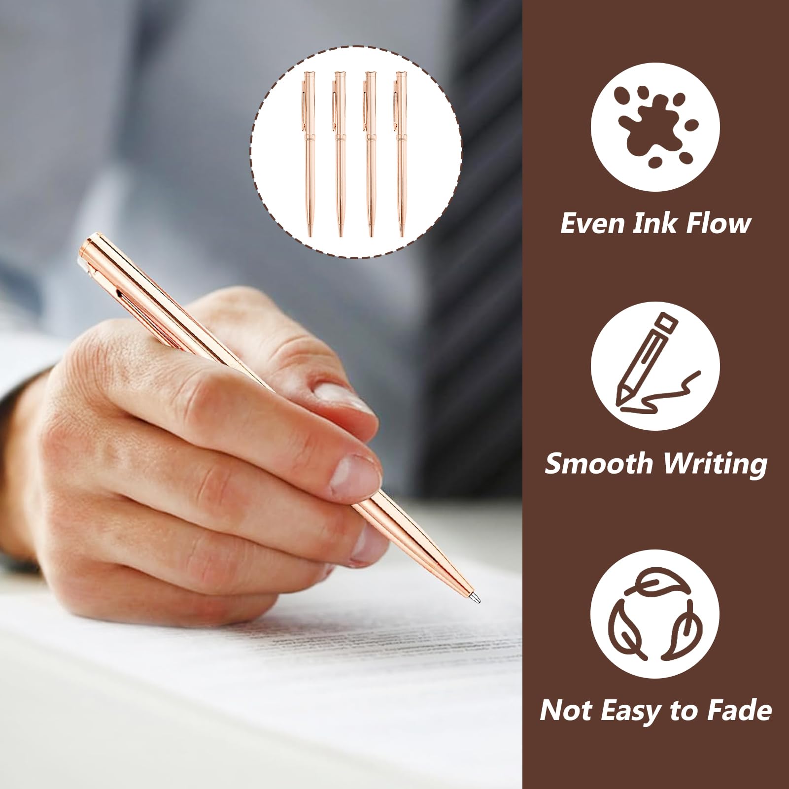 4 Pcs Rose Gold Pens, Metal Ballpoint Pen, Nice Pens, Slim Metal Ballpoint Pens for Students Office, Black Ink - Image 4