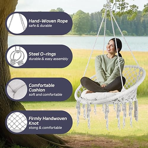 Miniatura 2 de Hand-Knitted Hanging Chair, Macrame Boho Hammock Chair with Tassels & Comfortable Cushion, Holds up to 500 lb, for Indoor, Outdoor, Patio, Balcony,
