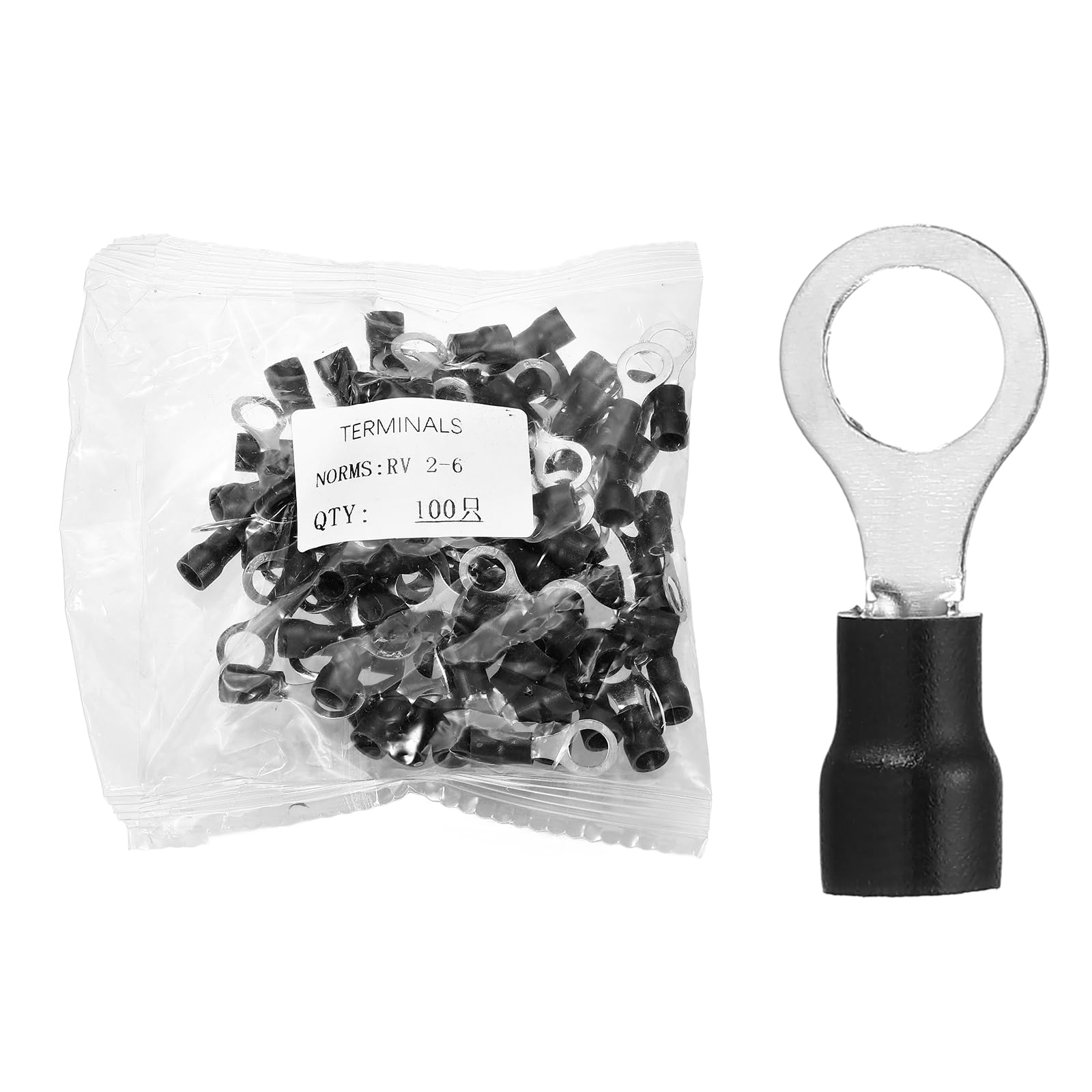 sourcing map 100pcs Terminals Ring Connectors #1/4" 16-14 Gauge, Black