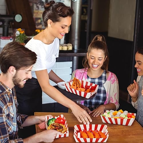 Miniatura 6 de 100 bandejas de papel a rayas para alimentos, botes de papel para alimentos, botes de papel para perros calientes, bandejas desechables para nachos,