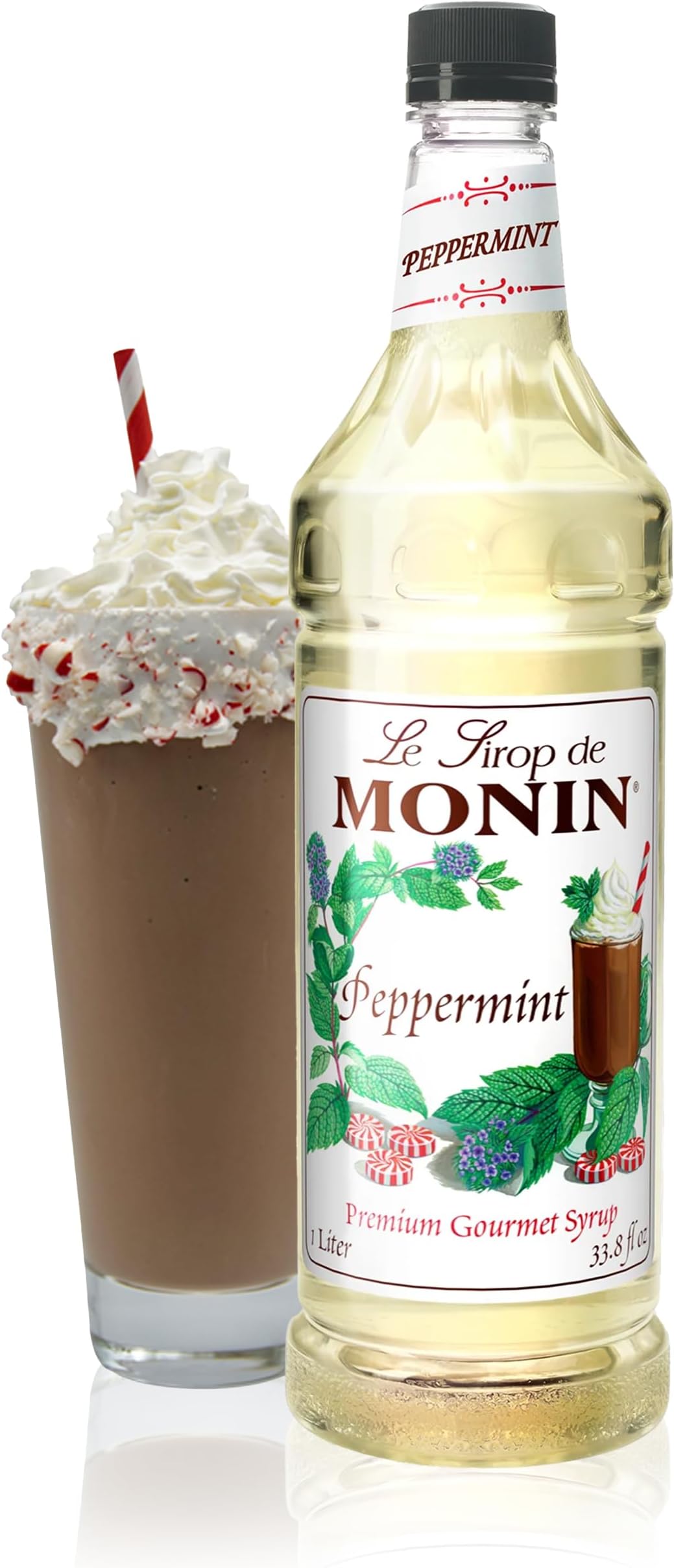 Monin - Peppermint Syrup, Cool Tingle of Candy Cane, Natural Flavors, Great for Cocoas, Mochas, Smoothies, and Sodas, Non-GMO, Gluten-Free (1 Liter)