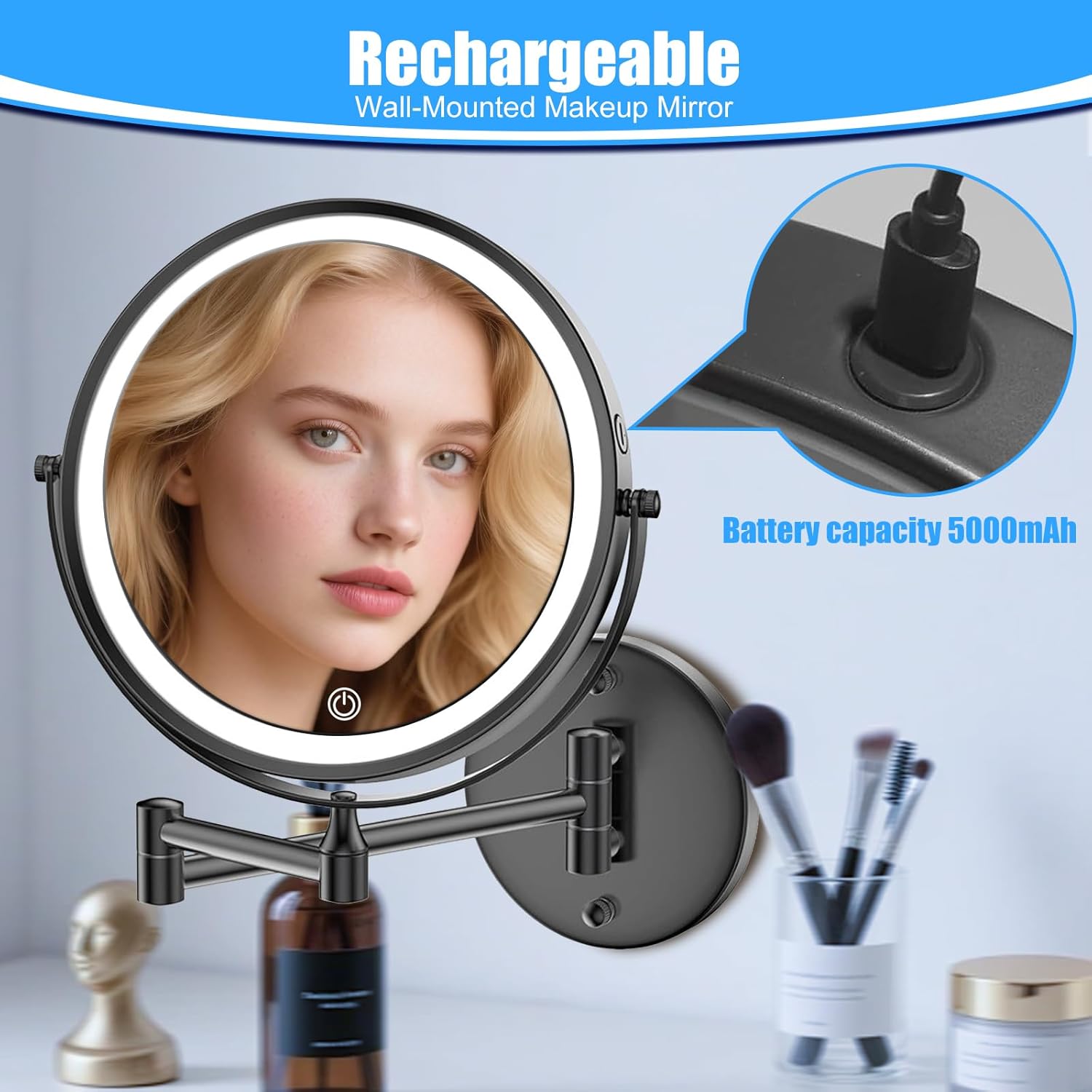 Rechargeable Wall Mounted Lighted Makeup Mirror 30X Magnifying Mirror with Light Dimmable LED Bathroom Mirror Black 360°Swivel Adjustable Vanity Mirror Arm (Black 1, 8.3" L x 9.5" W)