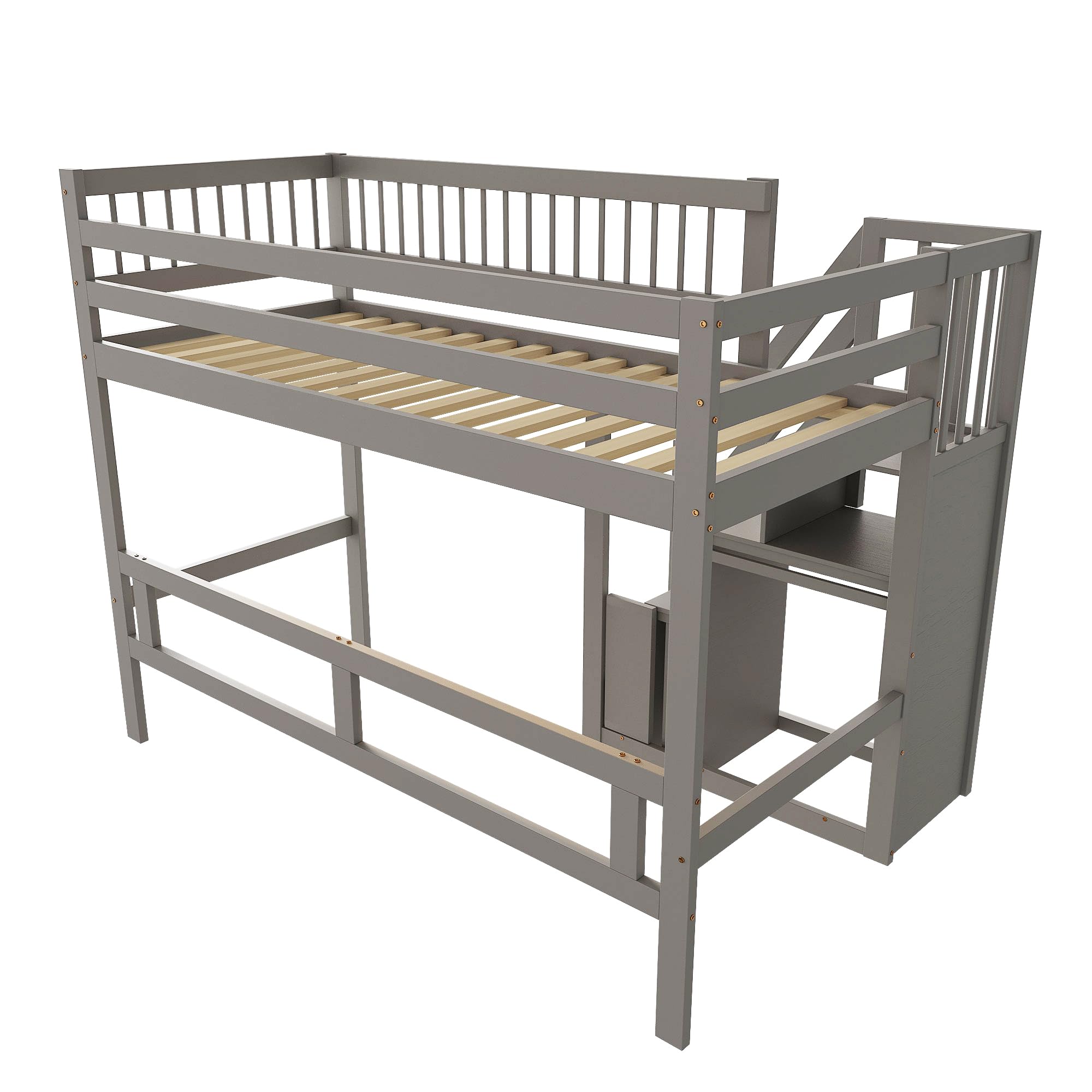 Hochbett 90x200cm, Etagenbett Treppe mit Aufbewahrungs Schrank, Raumfreundliches Design Hochbett für kleine Zimmer oder Gemeinschaftsräume, Grau
