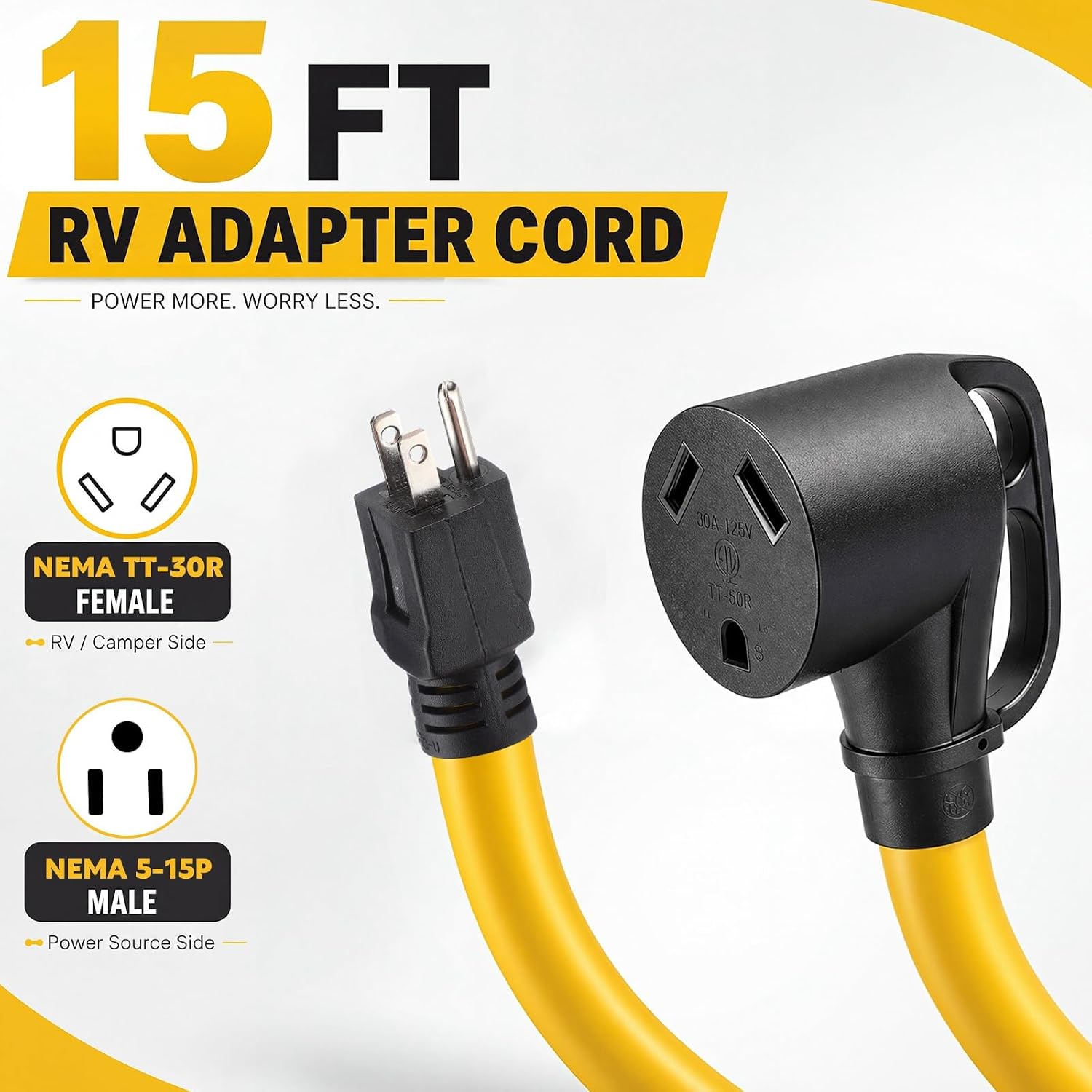 Kanayu 15 FT RV Adapter Cord 15 Amp to 30 Amp, NEMA 5-15P Male to TT-30R Female Power Converter, STW 10AWG Heavy Duty Extension Cord for Home Outlet, ETL Listed, ONLY for RV, NOT for EV