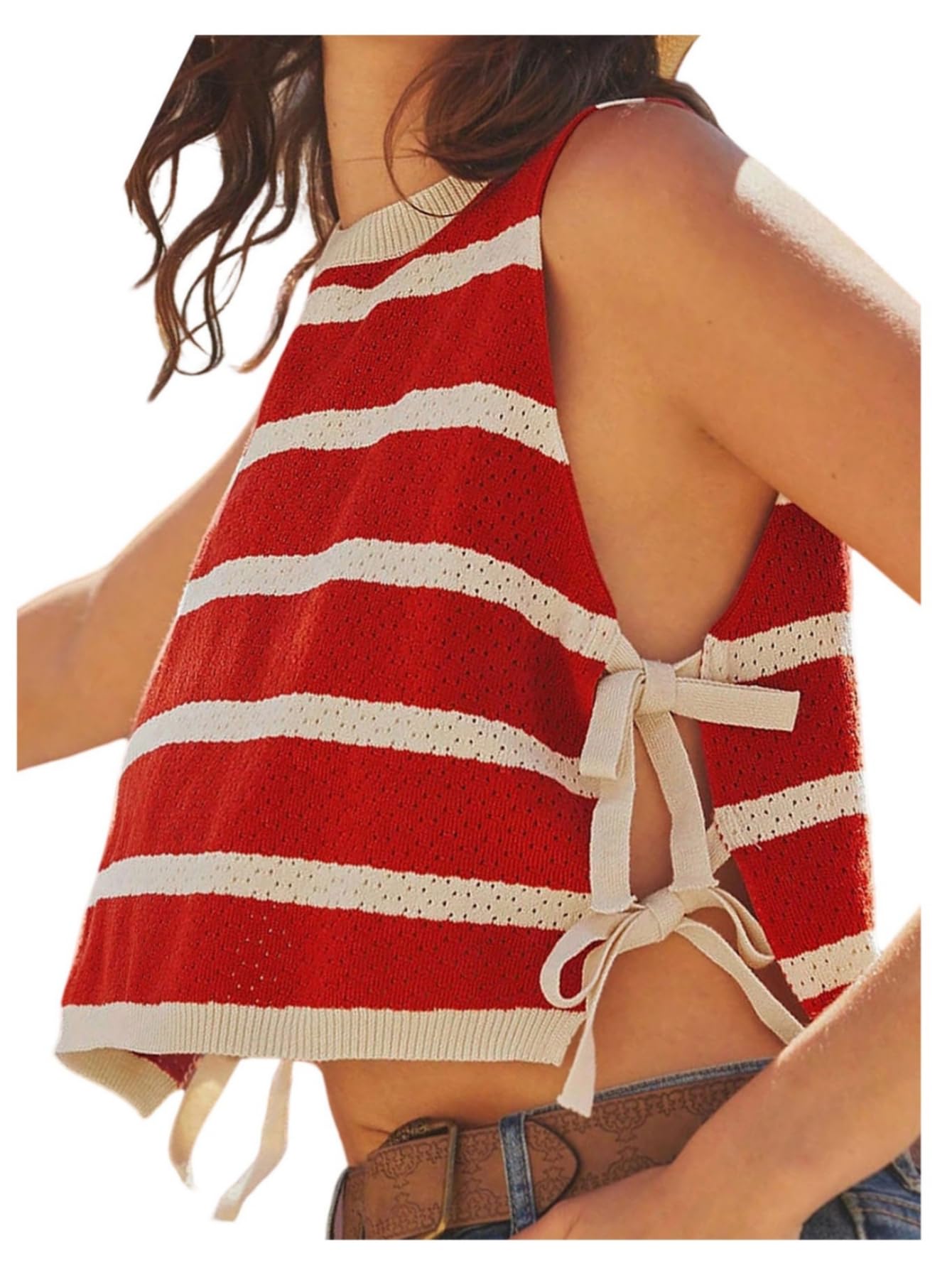 WDIRARA Womens Striped Sweater Vest Crew Neck Sleeveless Tie Side Pullover Knit Tank Crop Tops