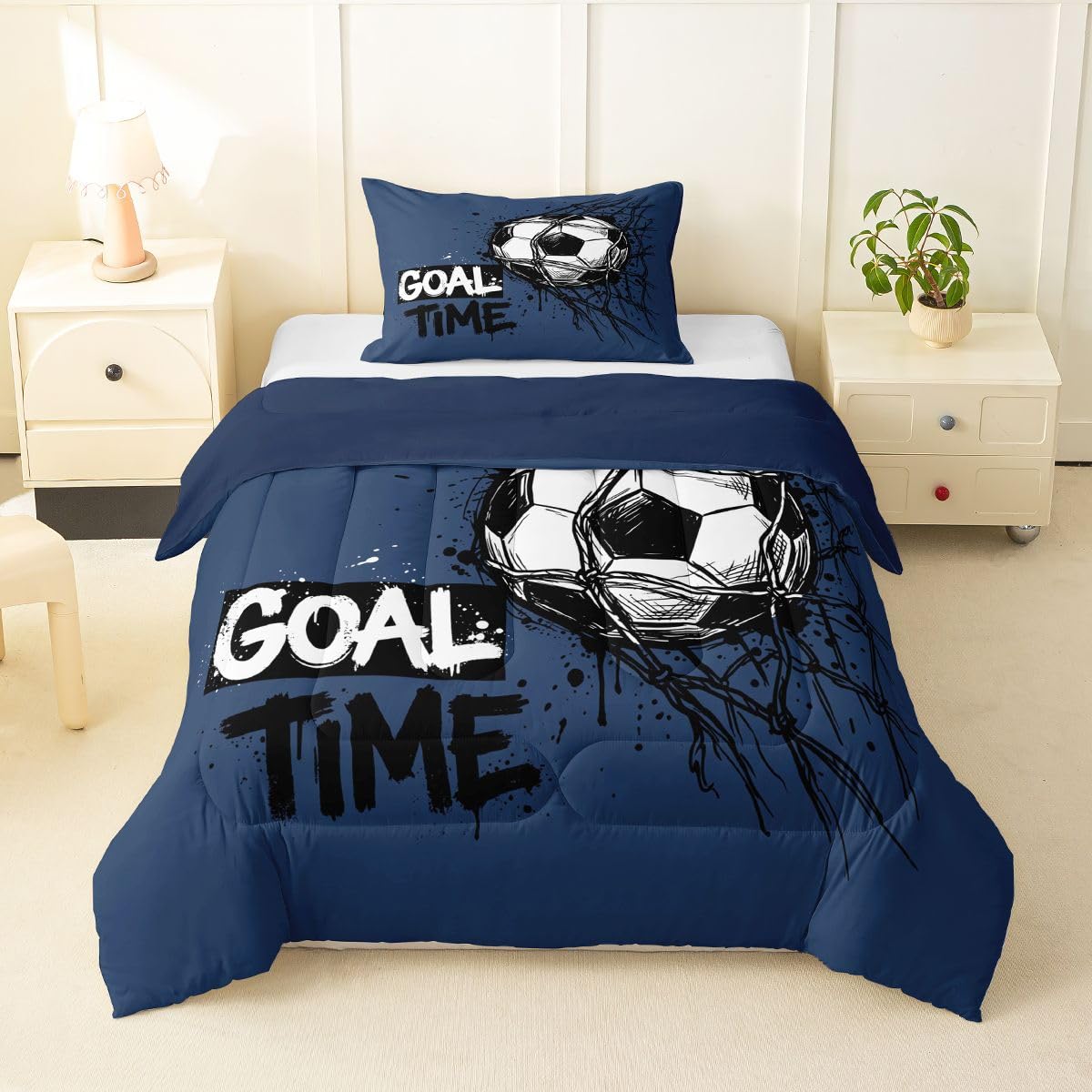 Feelyou Soccer Kids Comforter Set Twin Size Soccer Ball Game Bedding Set Blue Gaming Sports Duvet Quilt for Kids Boys Girls Bedroom Gift for Football Lover Decor Microfiber Ultra Soft Breathable