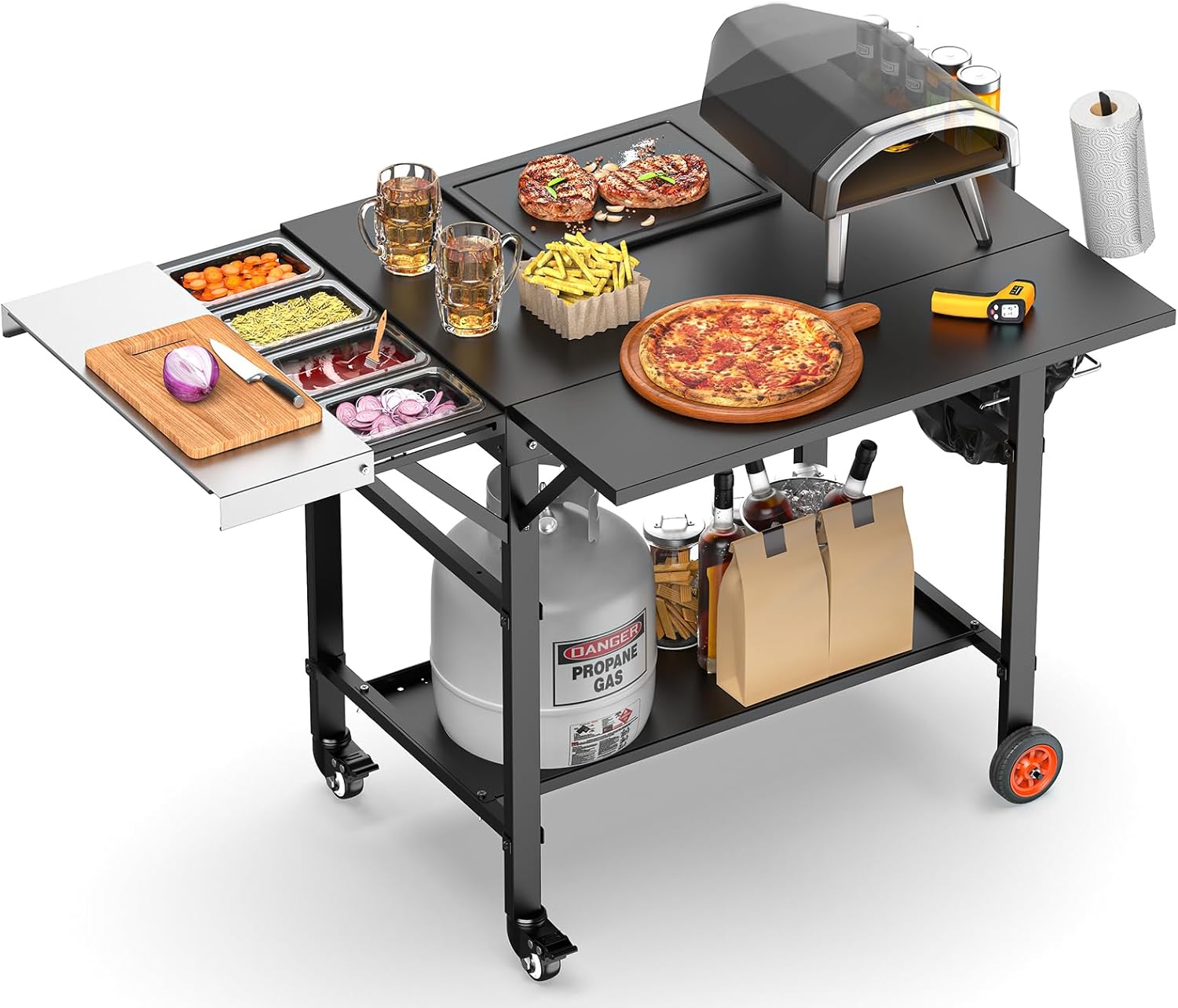 Pizza Oven Table for Ooni Pizza Ovens, Grill Cart Table with Topping Station, Pizzas Stands with Wheels, Expansive Countertop Pizzas Oven Accessories for Party Fits Blackstone Ninja Cuisinart Gozney