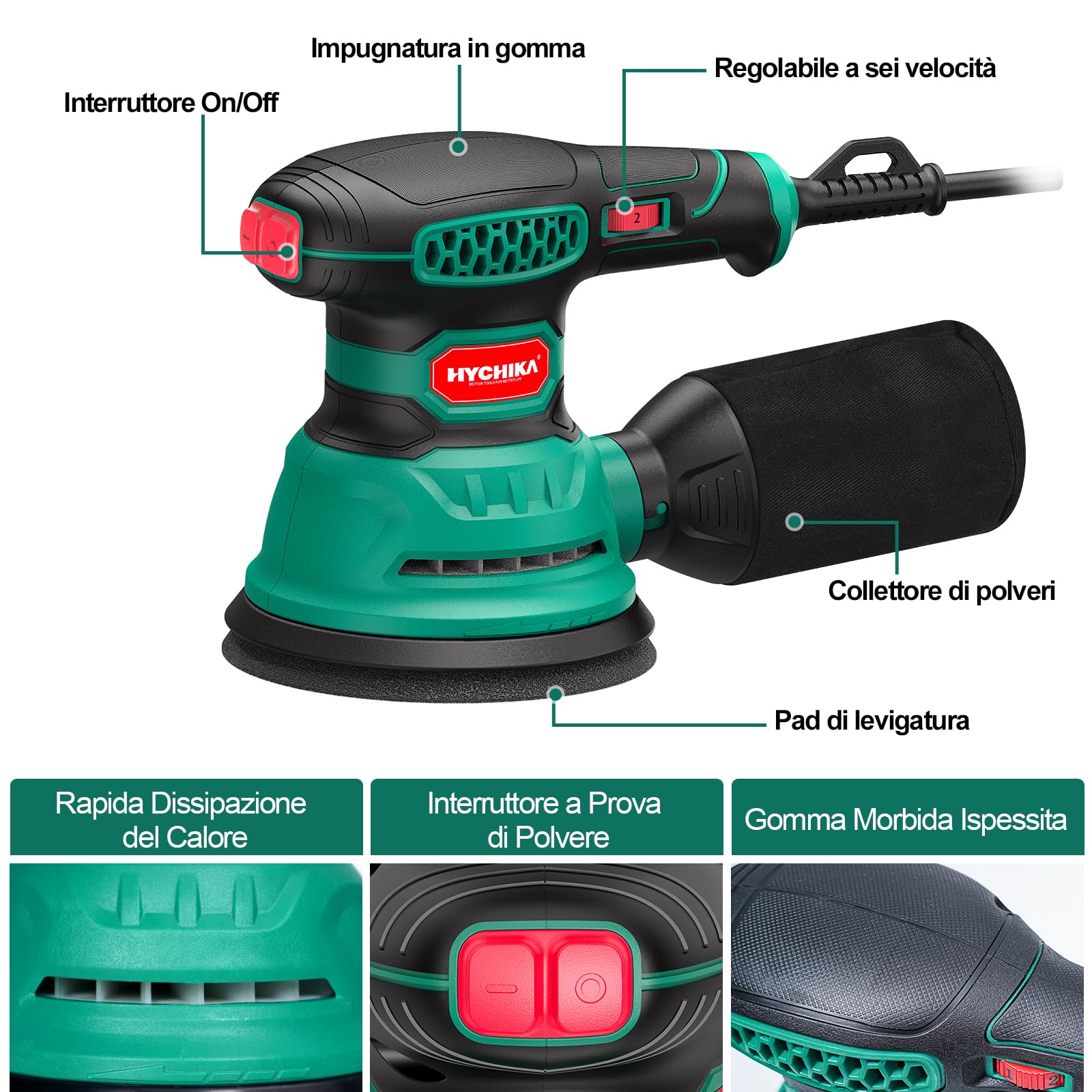 HYCHIKA Levigatrice Orbitale, 300W 12000OPM Levigatrice per Legno, 6 Velocità, con 16 Pezzi Dischi Abrasivi 125, Con Funzione di Frenata Rapida per Levigare e Lucidare il Legno