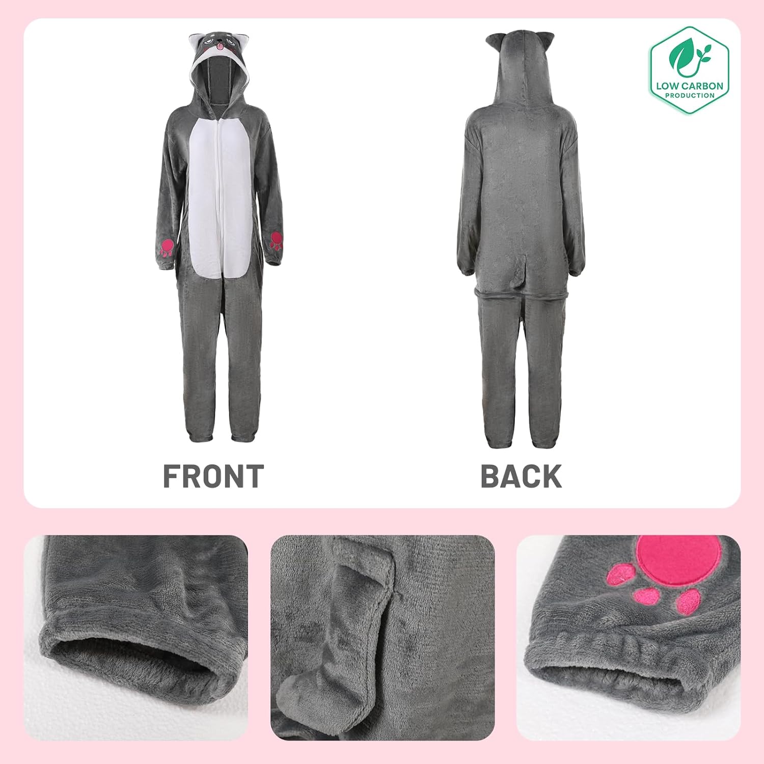 Animal Rabbit Husky Onesie Adults Soft Fleece Hooded Pajamas Costume with 3D Ears Tail for Halloween Cosplay - Image 5