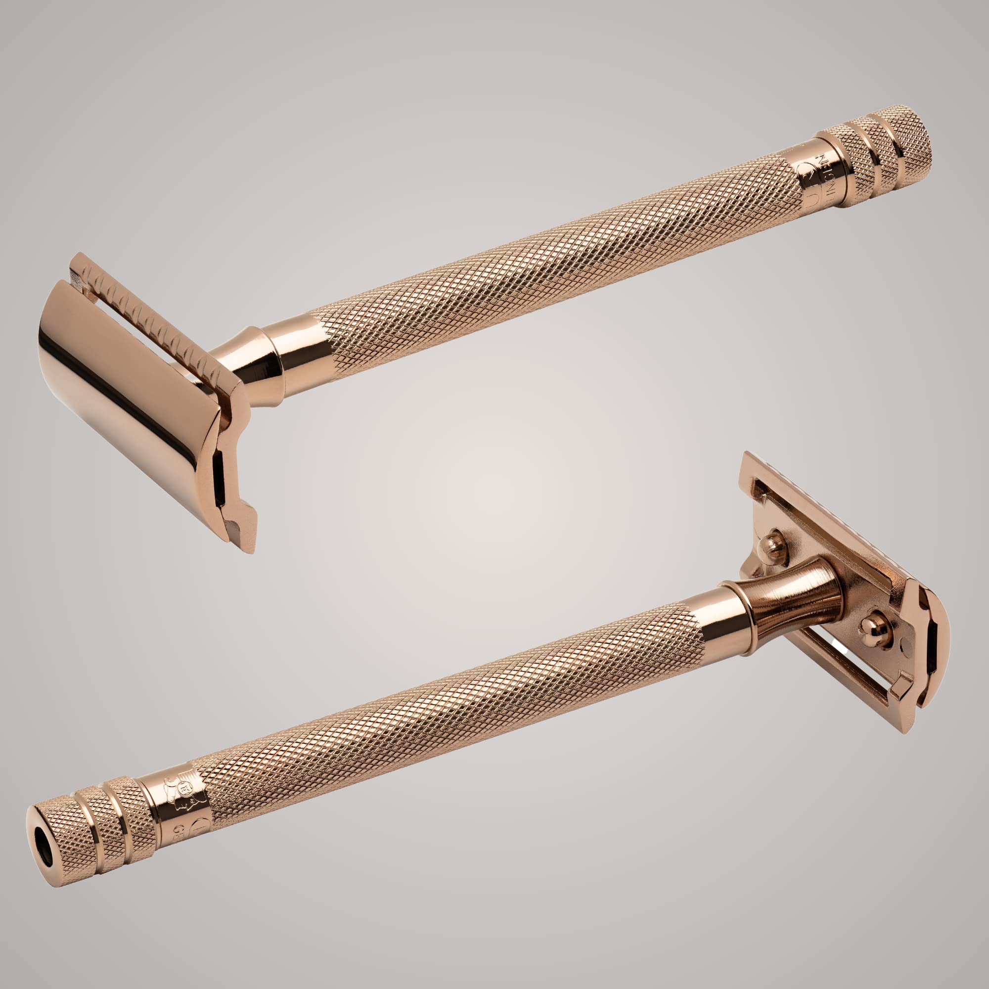 MERKUR Maquinilla de afeitar unisex PVD Gold 24G, de tres piezas en PVD oro rosa con corte recto, peine cerrado, ideal para afeitado en húmedo, zinc fundido, mango de latón, fabricado en Alemania