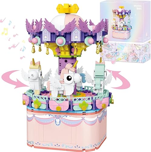 Caja de música de juguetes de construcción, carrusel giratorio DIY bloque de construcción para niñas y niños de 6 a 12 años, 874 piezas, juguete de Caja de música de juguetes de construcción, carrusel giratorio DIY bloque de construcción para niñas y niños de 6 a 12 años, 874 piezas, juguete de