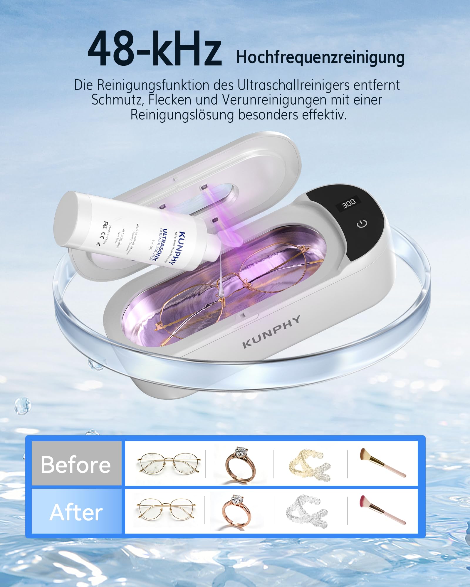KUNPHY Ultraschallreinigungsgerät mit U-V – Brillenreinigungsgerät 400ml(20Oz) 48kHz, Ultrasonic Cleaner mit digitalem Dual-Modus-Display(5/10min), Ultraschallreiniger für Brille, Schmuck, Uhren